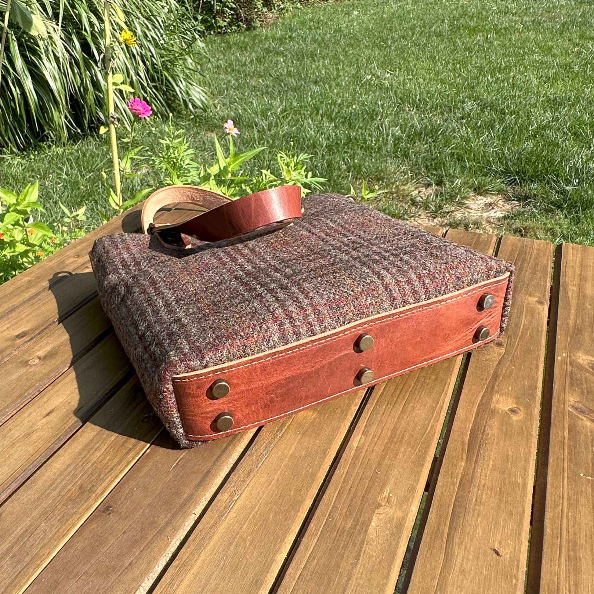 Harris Tweed® Tote Warm Brown Plaid Harris Tweed® and Dublin Olde EnglishLeather and Antique Brass Hardware SquiresCanvasCreations.com