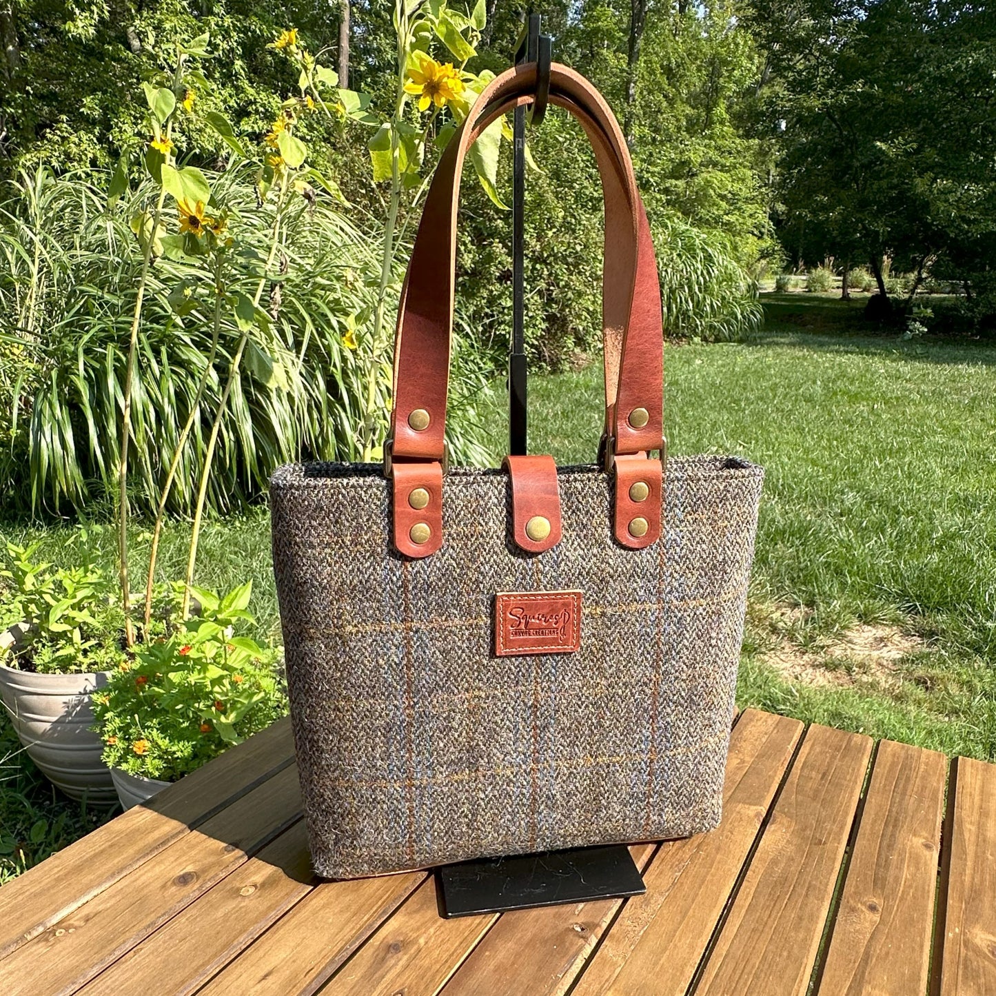 Harris Tweed® Tote Green and Blue Herringbone with Rust Overcheck Plaid Harris Tweed® with  Dublin Olde English Leather and Antique Brass Hardware SquiresCanvasCreations.com