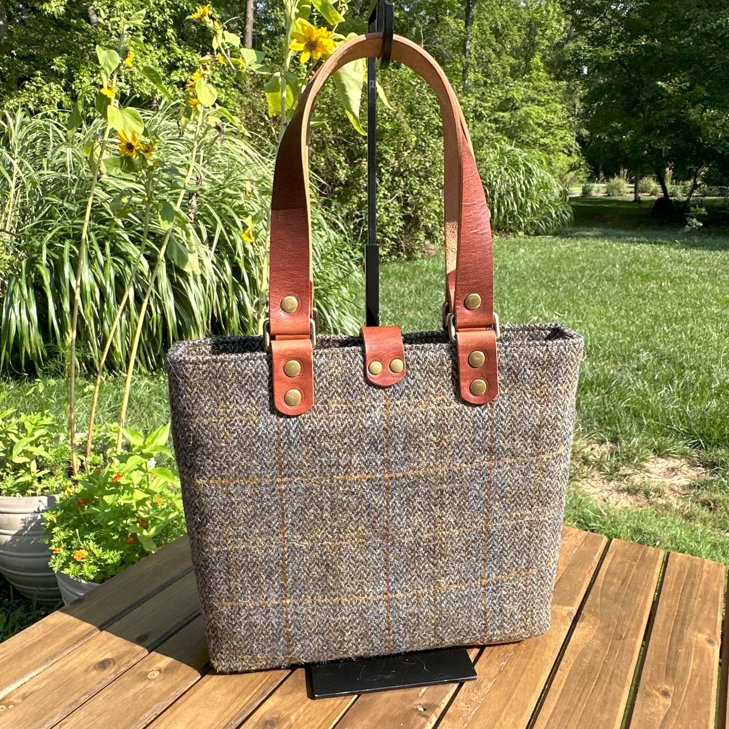 Harris Tweed® Tote Green and Blue Herringbone with Rust Overcheck Plaid Harris Tweed® with  Dublin Olde English Leather and Antique Brass Hardware SquiresCanvasCreations.com
