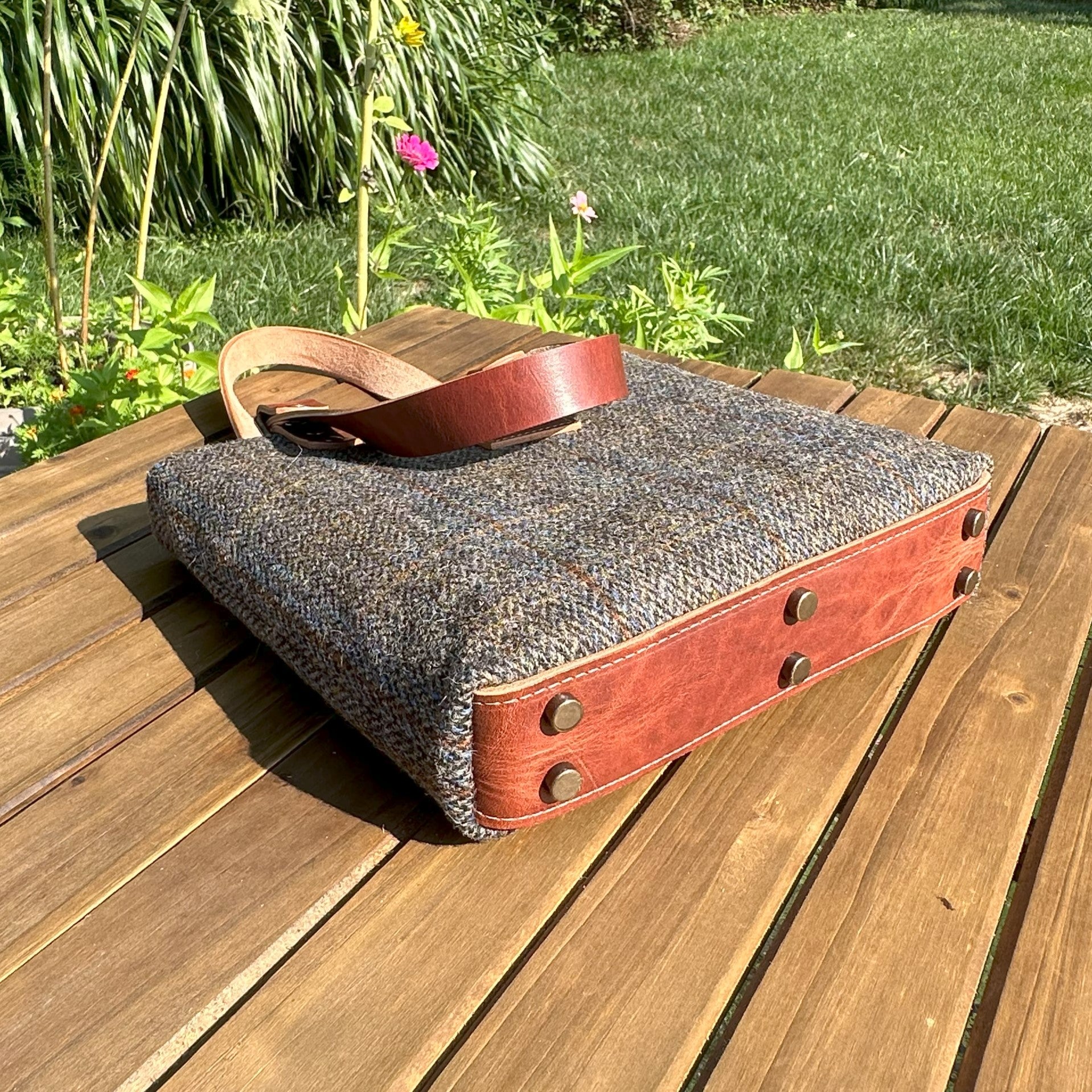 Harris Tweed® Tote Green and Blue Herringbone with Rust Overcheck Plaid Harris Tweed® with  Dublin Olde English Leather and Antique Brass Hardware SquiresCanvasCreations.com