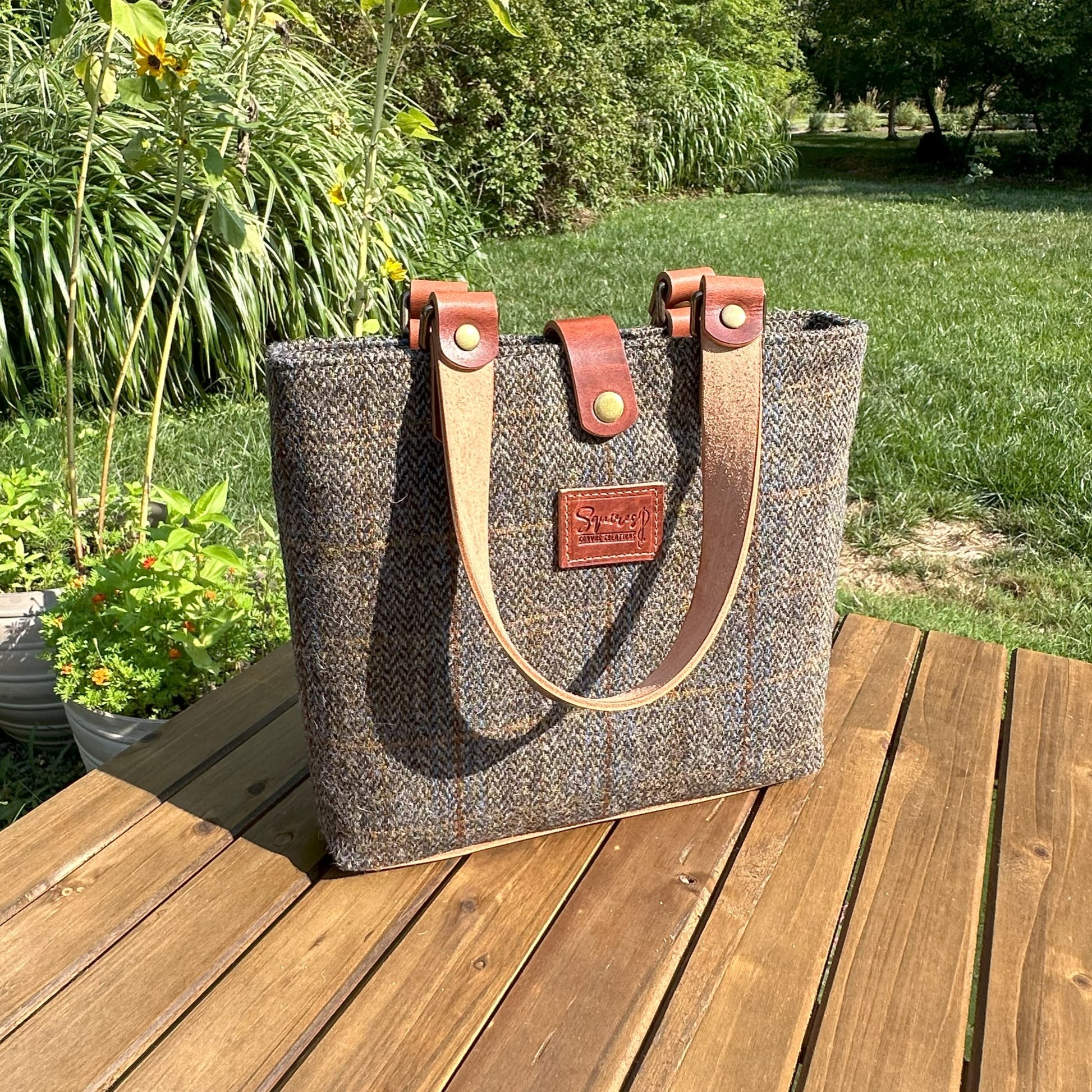 Harris Tweed® Tote Green and Blue Herringbone with Rust Overcheck Plaid Harris Tweed® with  Dublin Olde English Leather and Antique Brass Hardware SquiresCanvasCreations.com