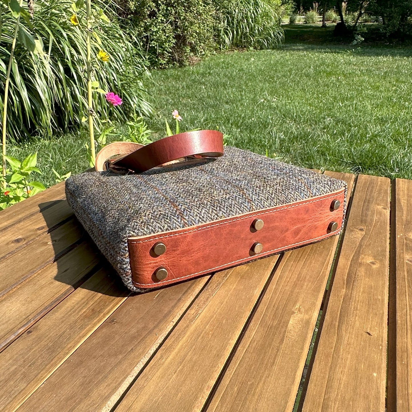 Harris Tweed® Tote Green and Blue Herringbone with Rust Overcheck Plaid Harris Tweed® with  Dublin Olde English Leather and Antique Brass Hardware SquiresCanvasCreations.com