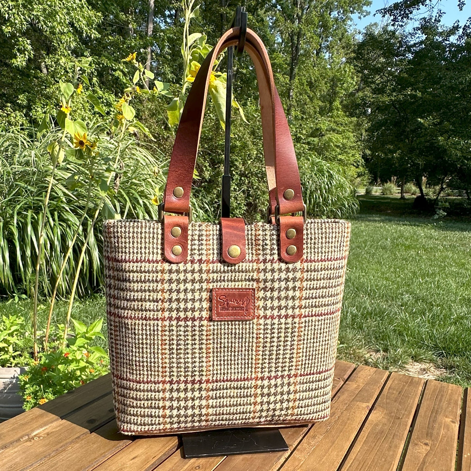 Harris Tweed® Tote Brown and Beige Glen Check Plaid Harris Tweed® with Dublin Olde English Leather and Antique Brass Hardware SquiresCanvasCreations.com