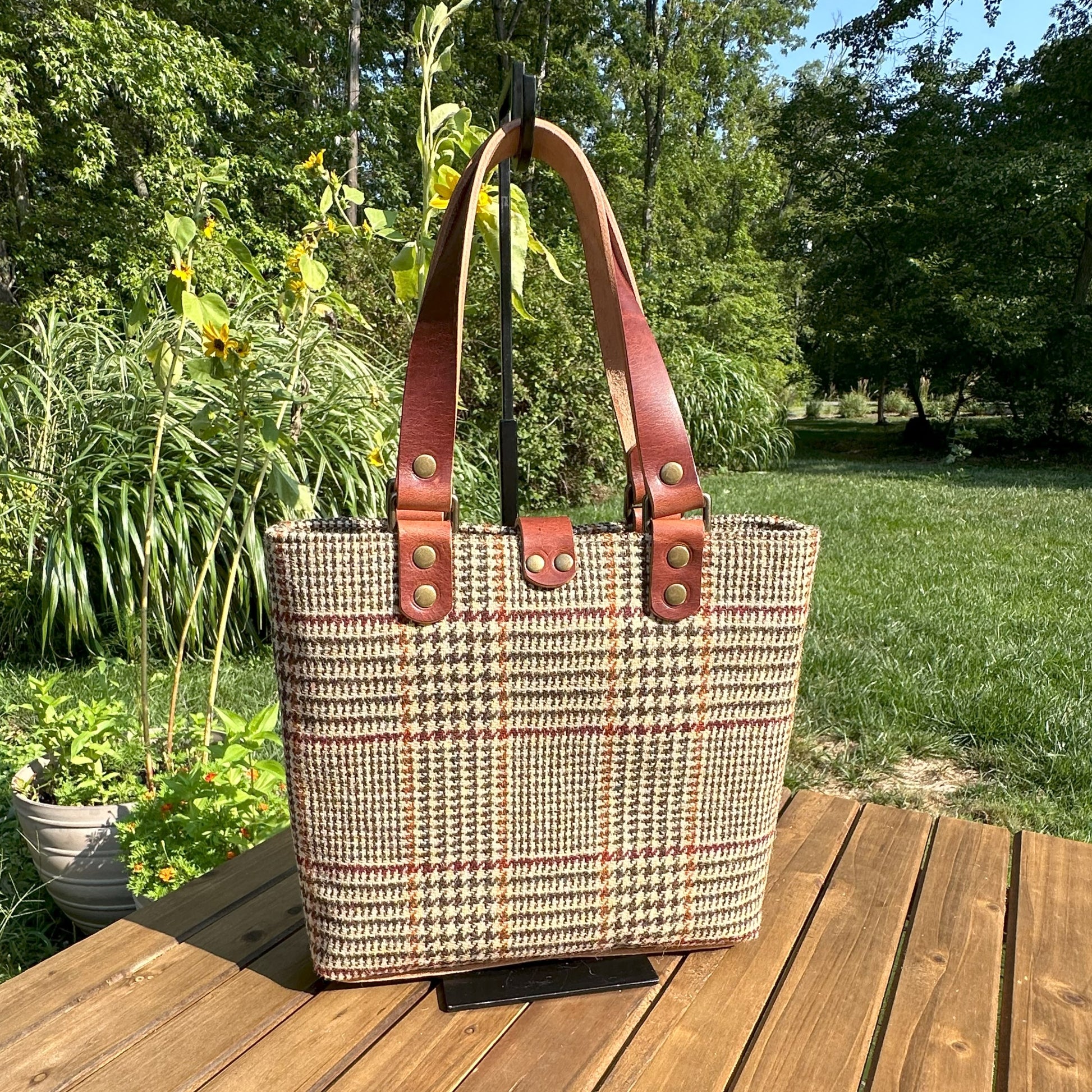 Harris Tweed® Tote Brown and Beige Glen Check Plaid Harris Tweed® with Dublin Olde English Leather and Antique Brass Hardware SquiresCanvasCreations.com