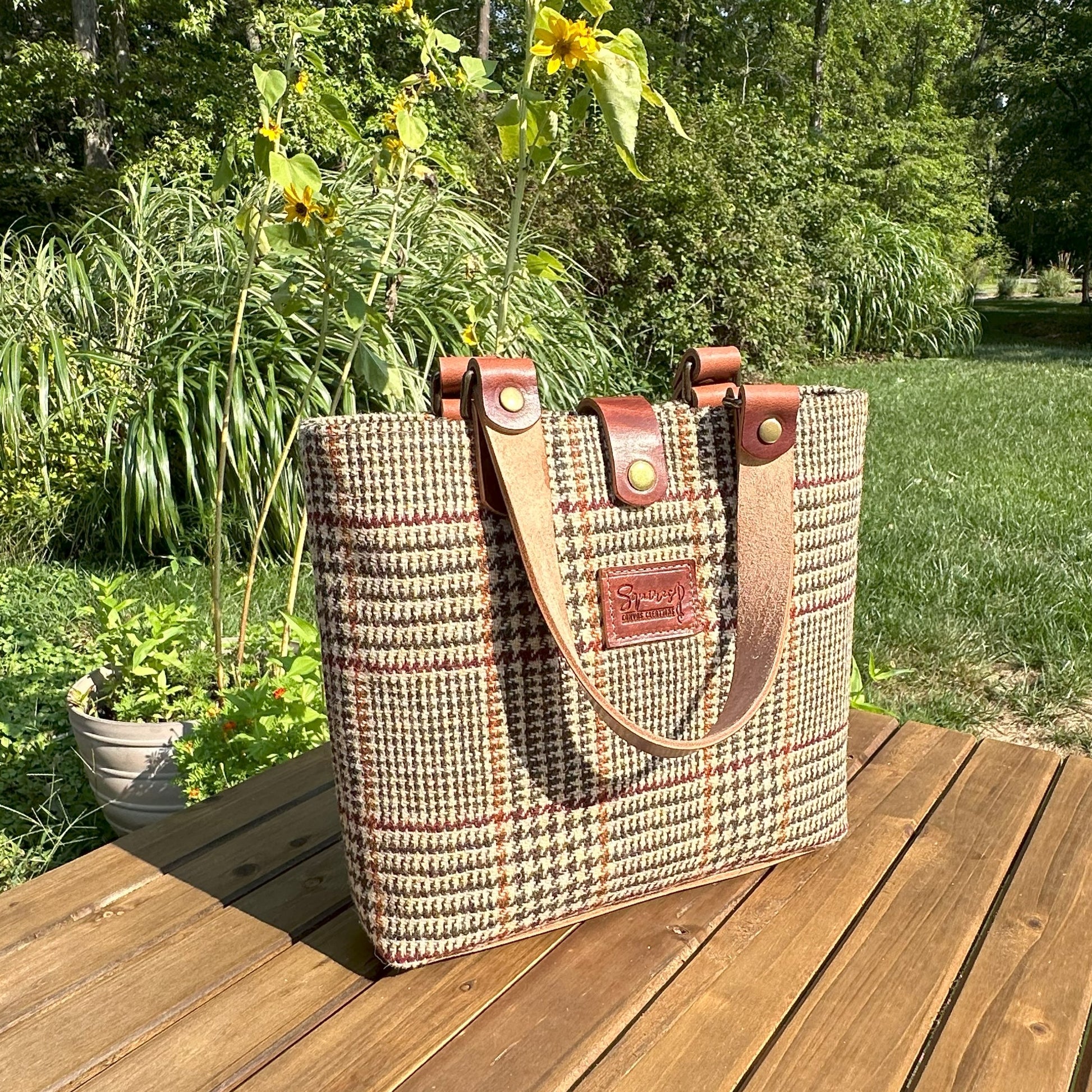 Harris Tweed® Tote Brown and Beige Glen Check Plaid Harris Tweed® with Dublin Olde English Leather and Antique Brass Hardware SquiresCanvasCreations.com