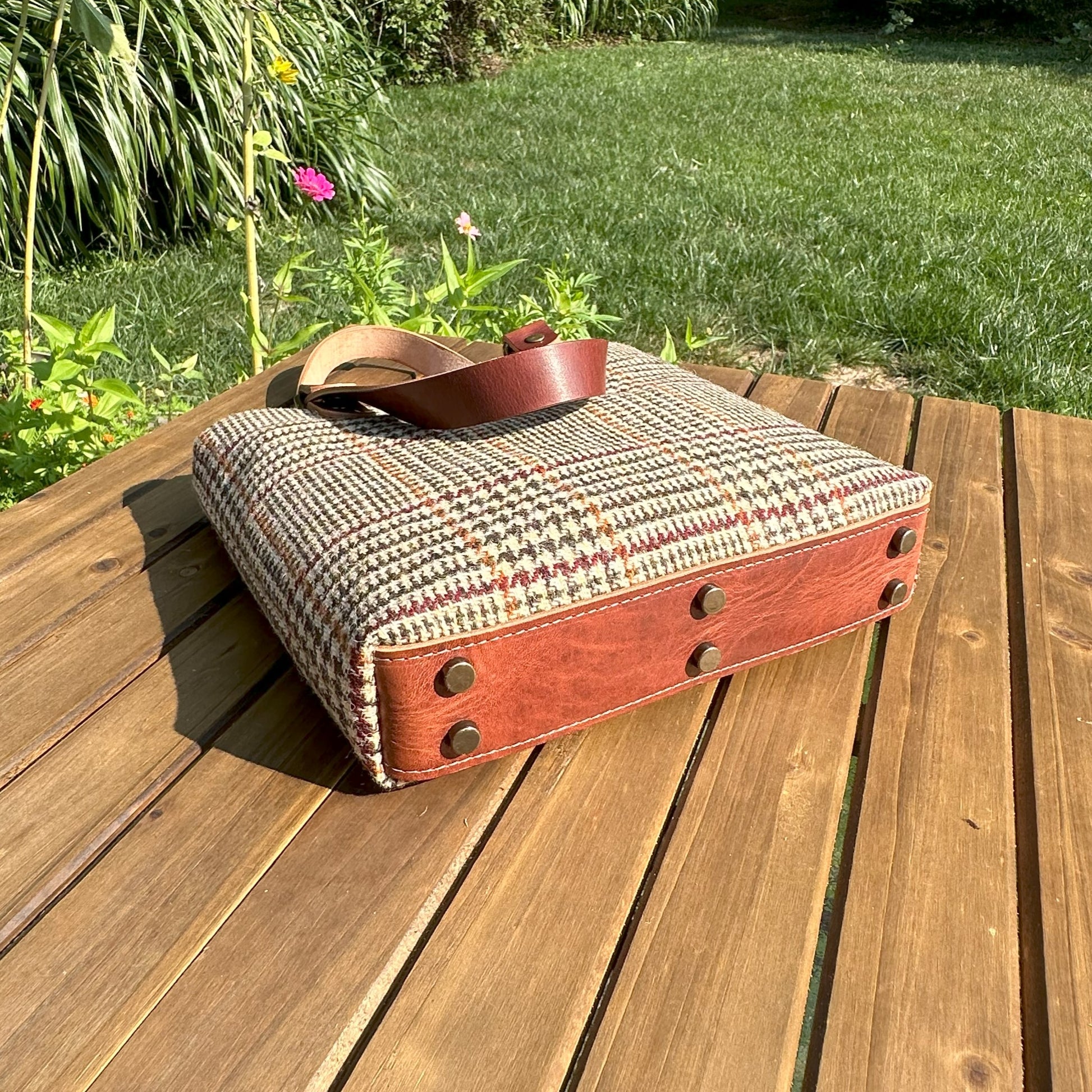 Harris Tweed® Tote Brown and Beige Glen Check Plaid Harris Tweed® with Dublin Olde English Leather and Antique Brass Hardware SquiresCanvasCreations.com
