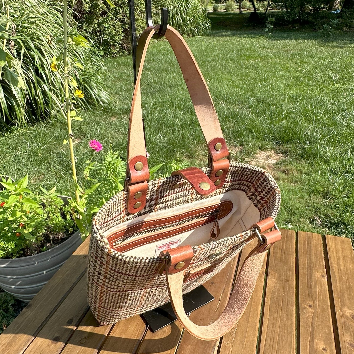 Harris Tweed® Tote Brown and Beige Glen Check Plaid Harris Tweed® with Dublin Olde English Leather and Antique Brass Hardware SquiresCanvasCreations.com