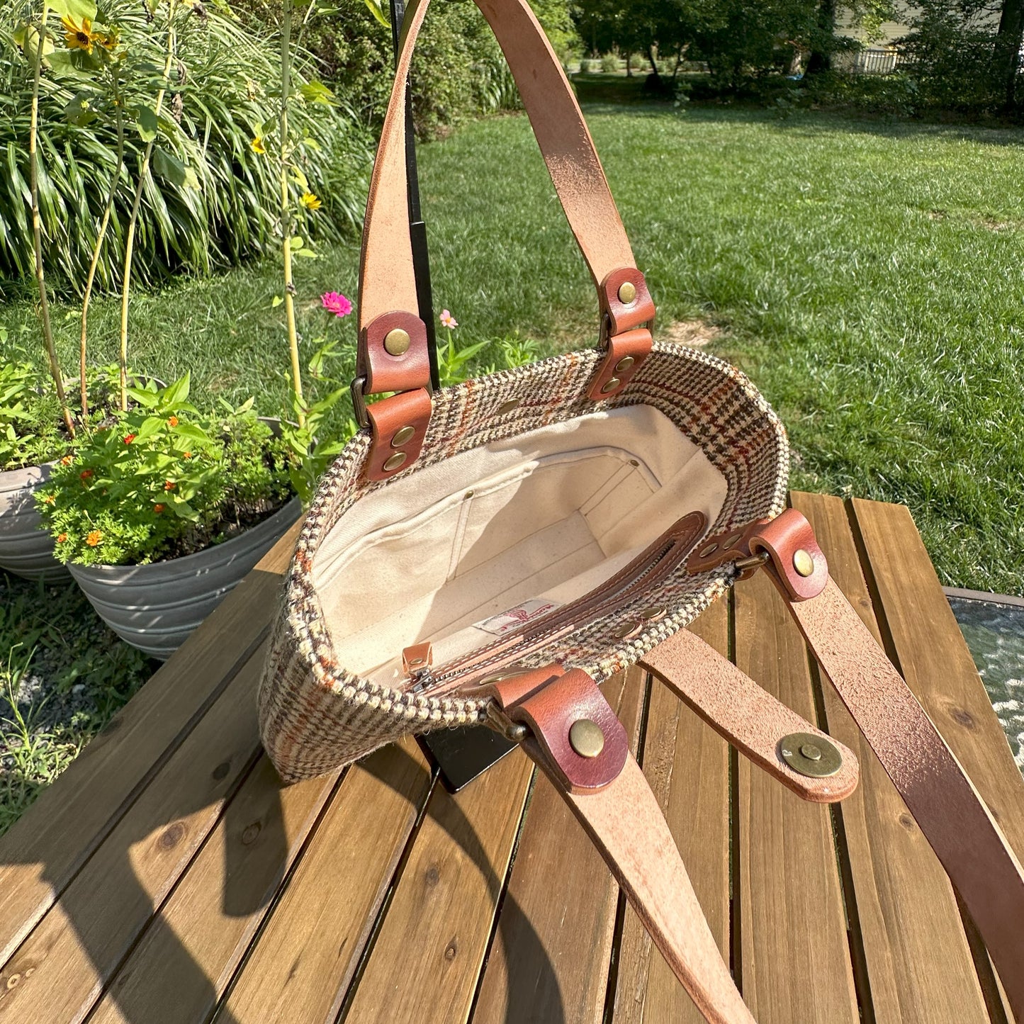 Harris Tweed® Tote Brown and Beige Glen Check Plaid Harris Tweed® with Dublin Olde English Leather and Antique Brass Hardware SquiresCanvasCreations.com