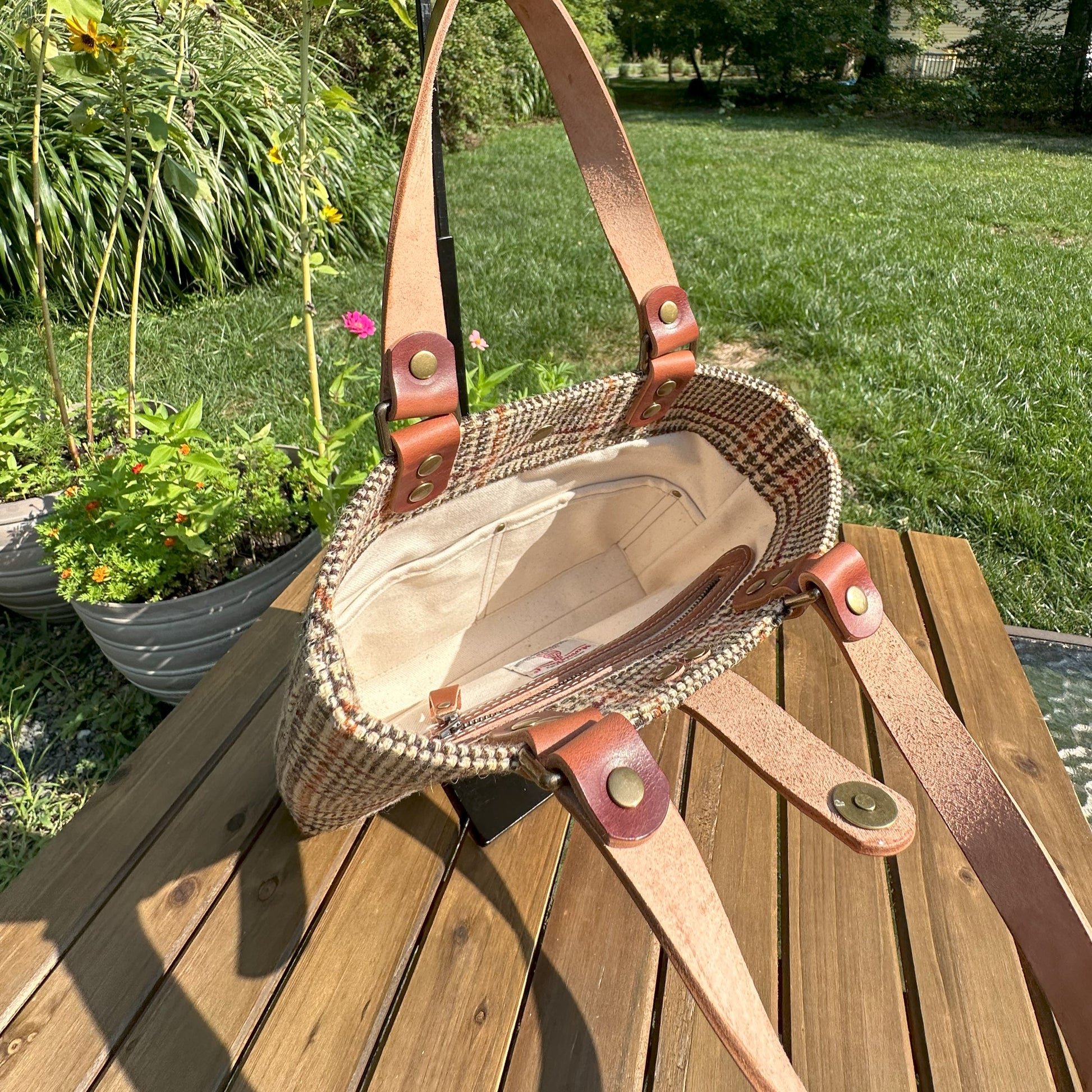 Harris Tweed® Tote Brown and Beige Glen Check Plaid Harris Tweed® with Dublin Olde English Leather and Antique Brass Hardware SquiresCanvasCreations.com