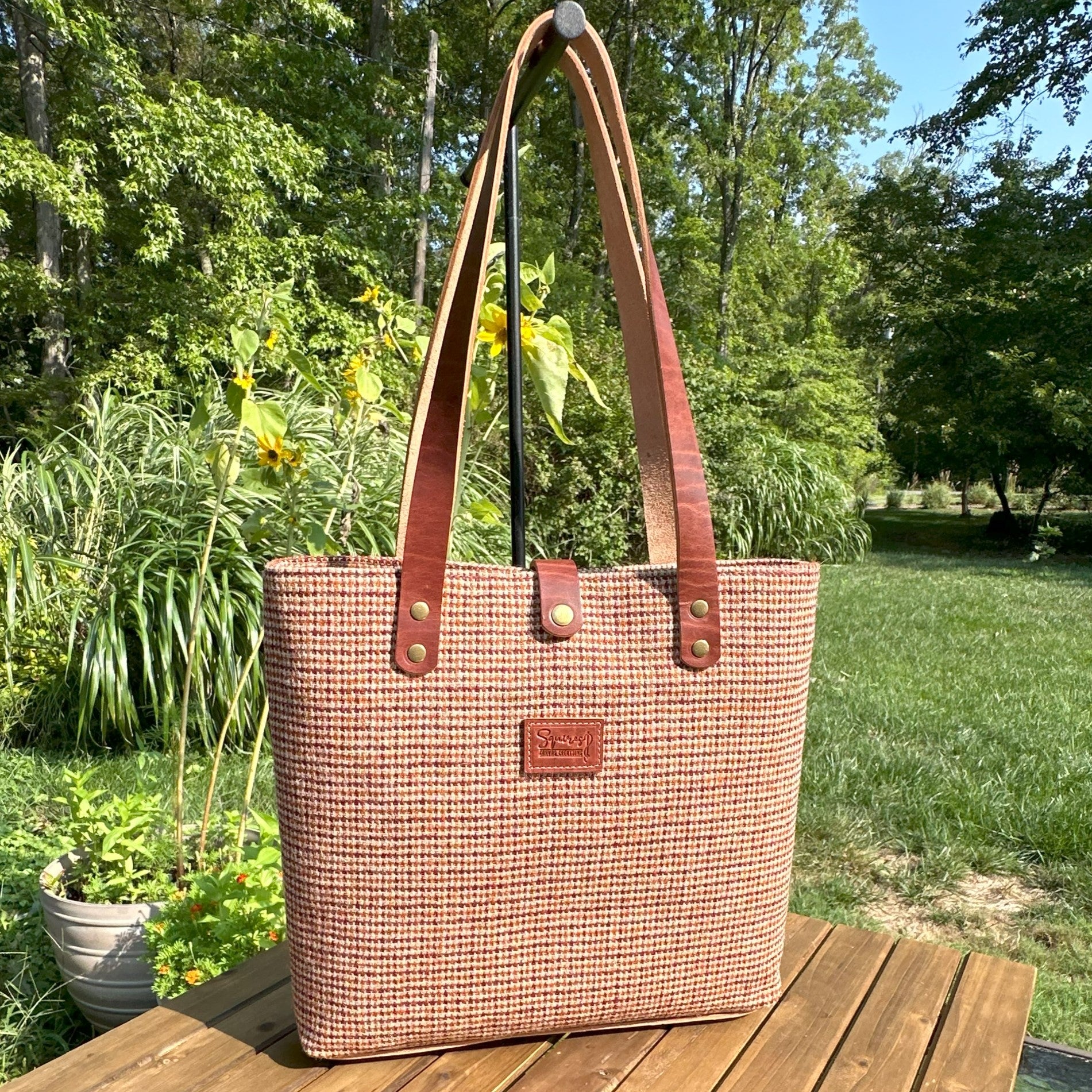 Harris Tweed® Tote Fawn Burgundy and Amber Harris Tweed® with Dublin Olde English Leather and Antique Brass Hardware SquiresCanvasCreations.com