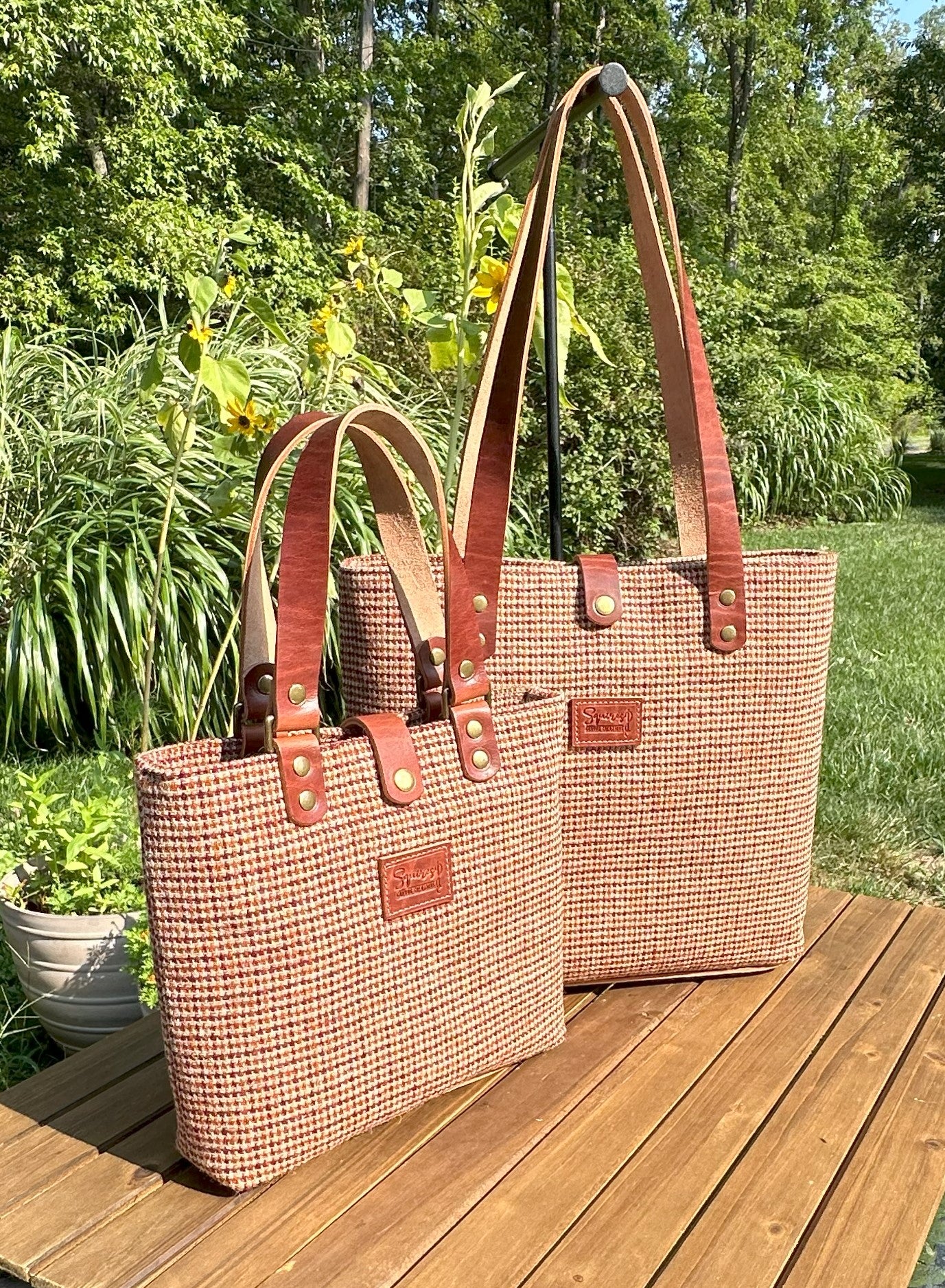 Harris Tweed® Tote Fawn Burgundy and Amber Harris Tweed® with Dublin Olde English Leather and Antique Brass Hardware SquiresCanvasCreations.com