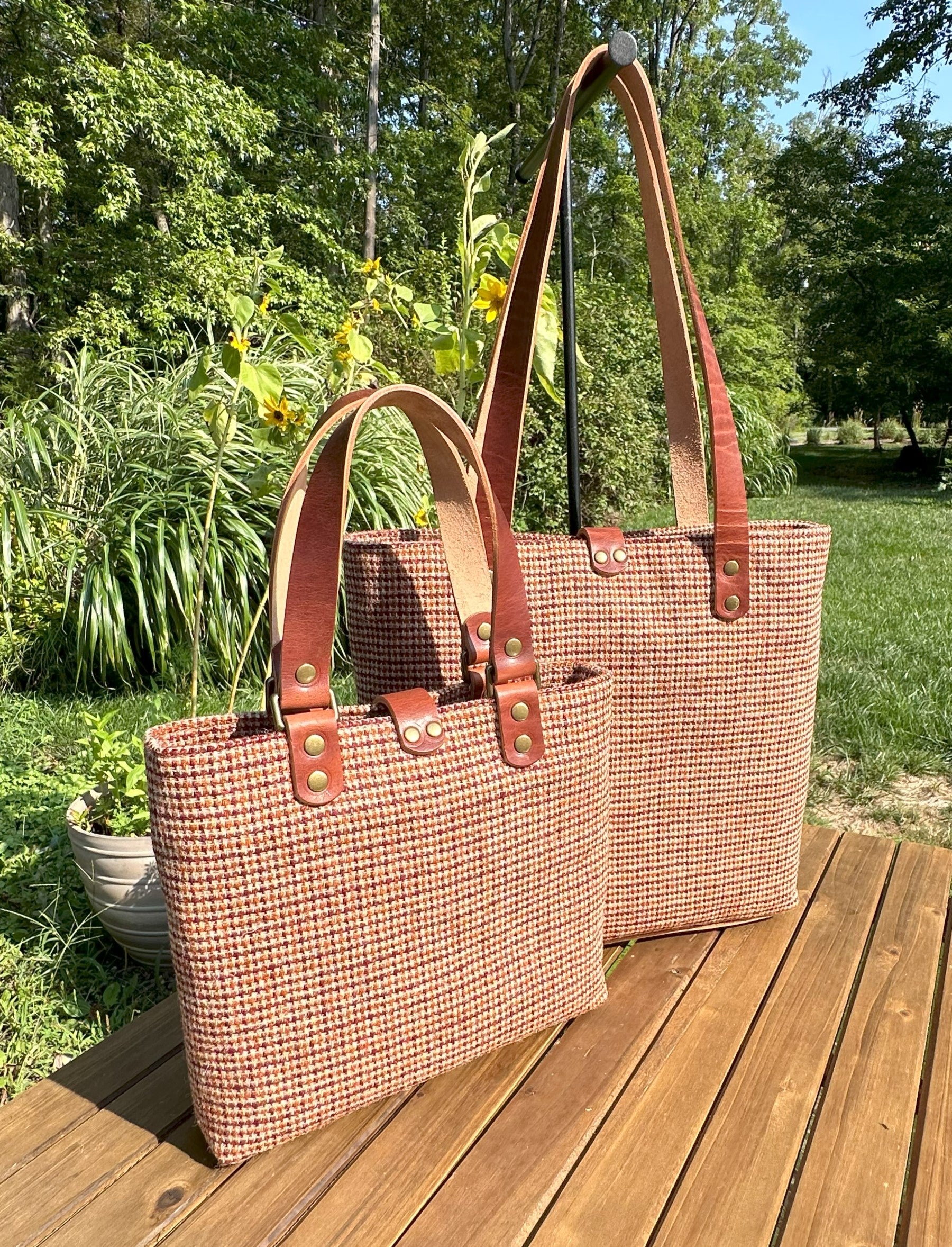 Harris Tweed® Tote Fawn Burgundy and Amber Harris Tweed® with Dublin Olde English Leather and Antique Brass Hardware SquiresCanvasCreations.com