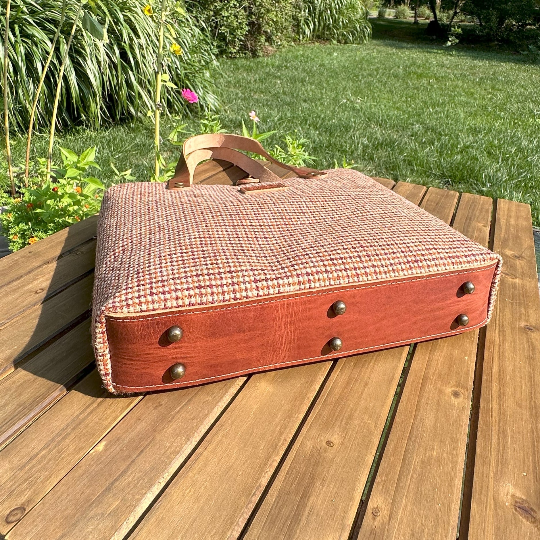 Harris Tweed® Tote Fawn Burgundy and Amber Harris Tweed® with Dublin Olde English Leather and Antique Brass Hardware SquiresCanvasCreations.com