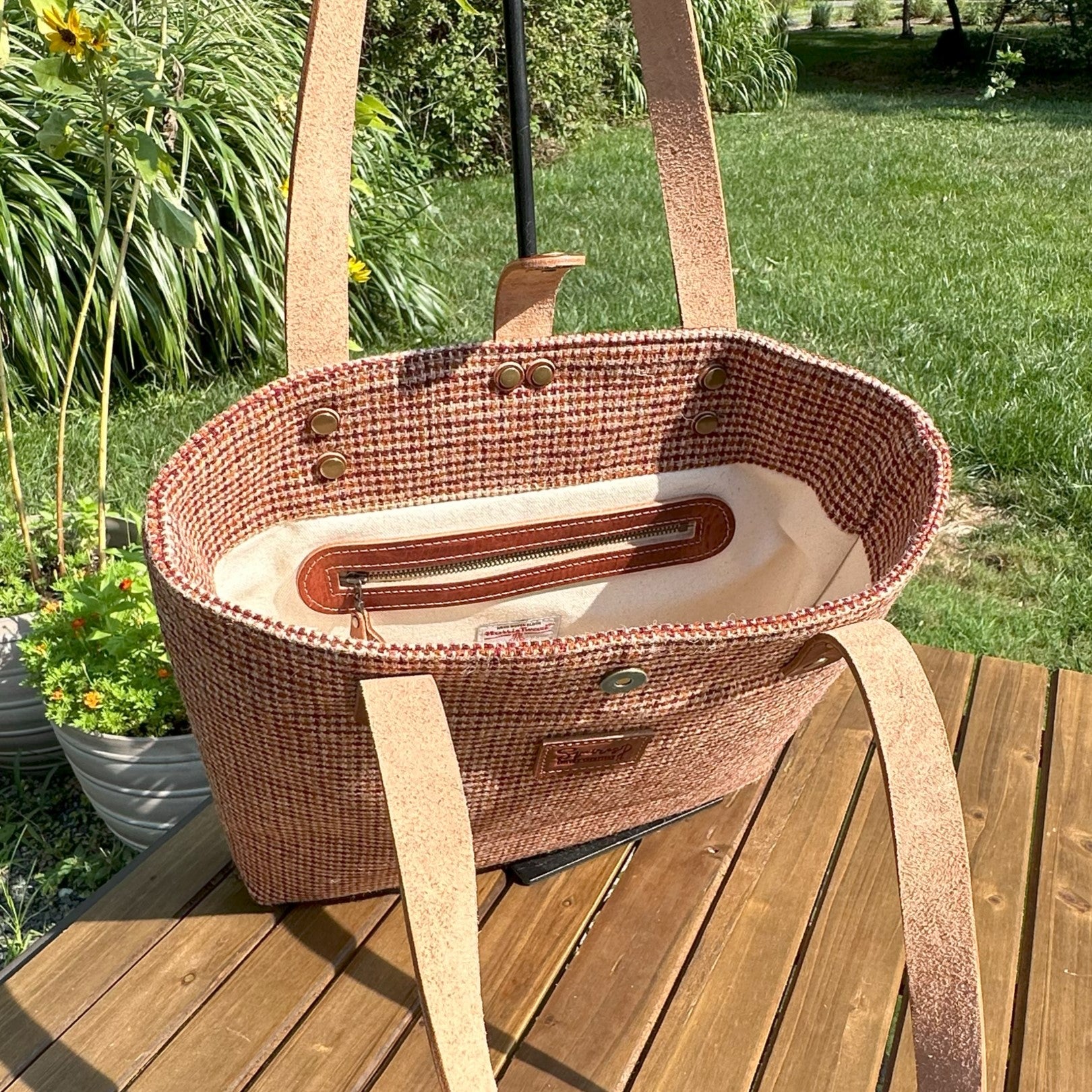 Harris Tweed® Tote Fawn Burgundy and Amber Harris Tweed® with Dublin Olde English Leather and Antique Brass Hardware SquiresCanvasCreations.com