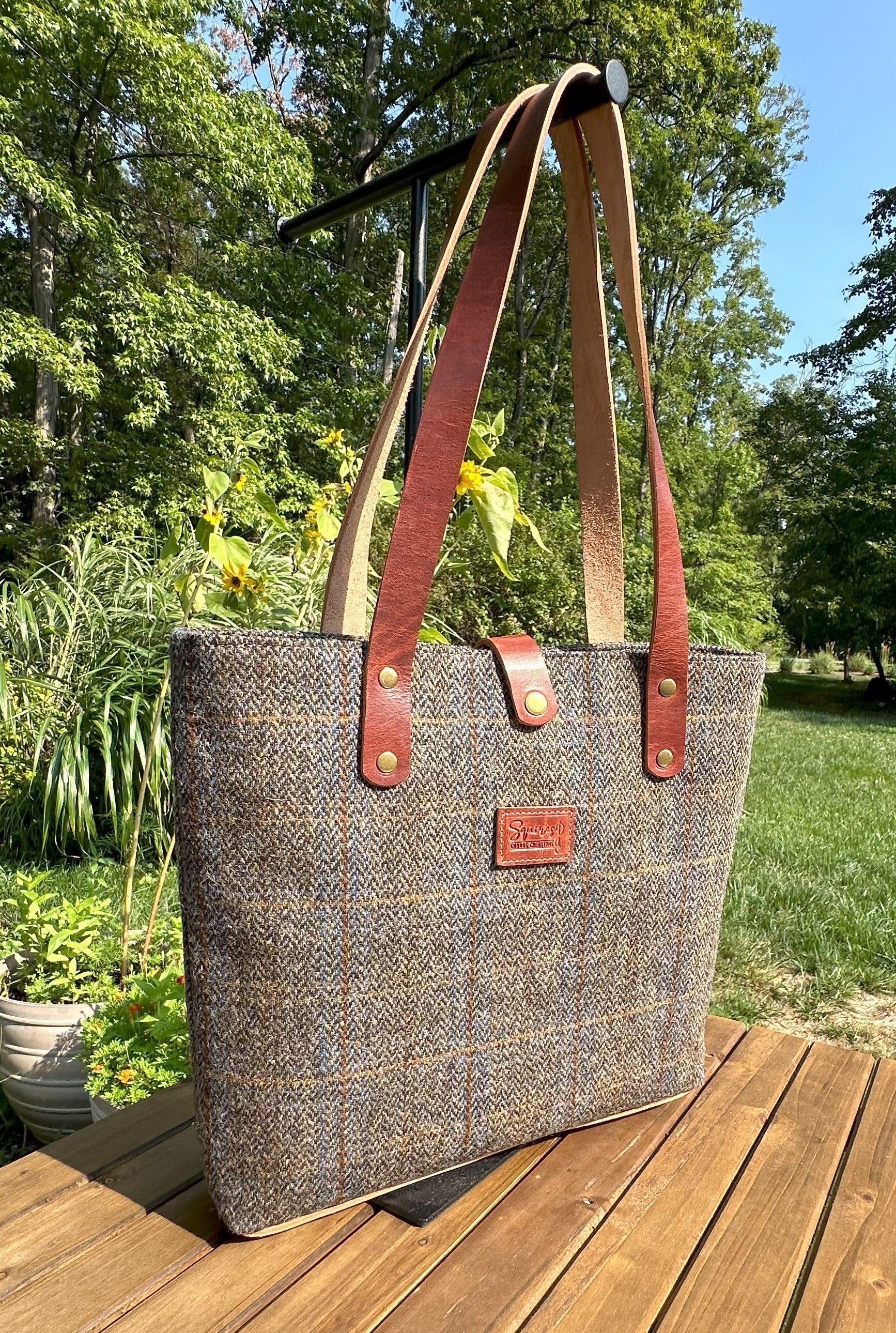 Harris Tweed® Tote Green and Blue Herringbone with Rust Overcheck Plaid Harris Tweed® with  Dublin Olde English Leather and Antique Brass Hardware SquiresCanvasCreations.com