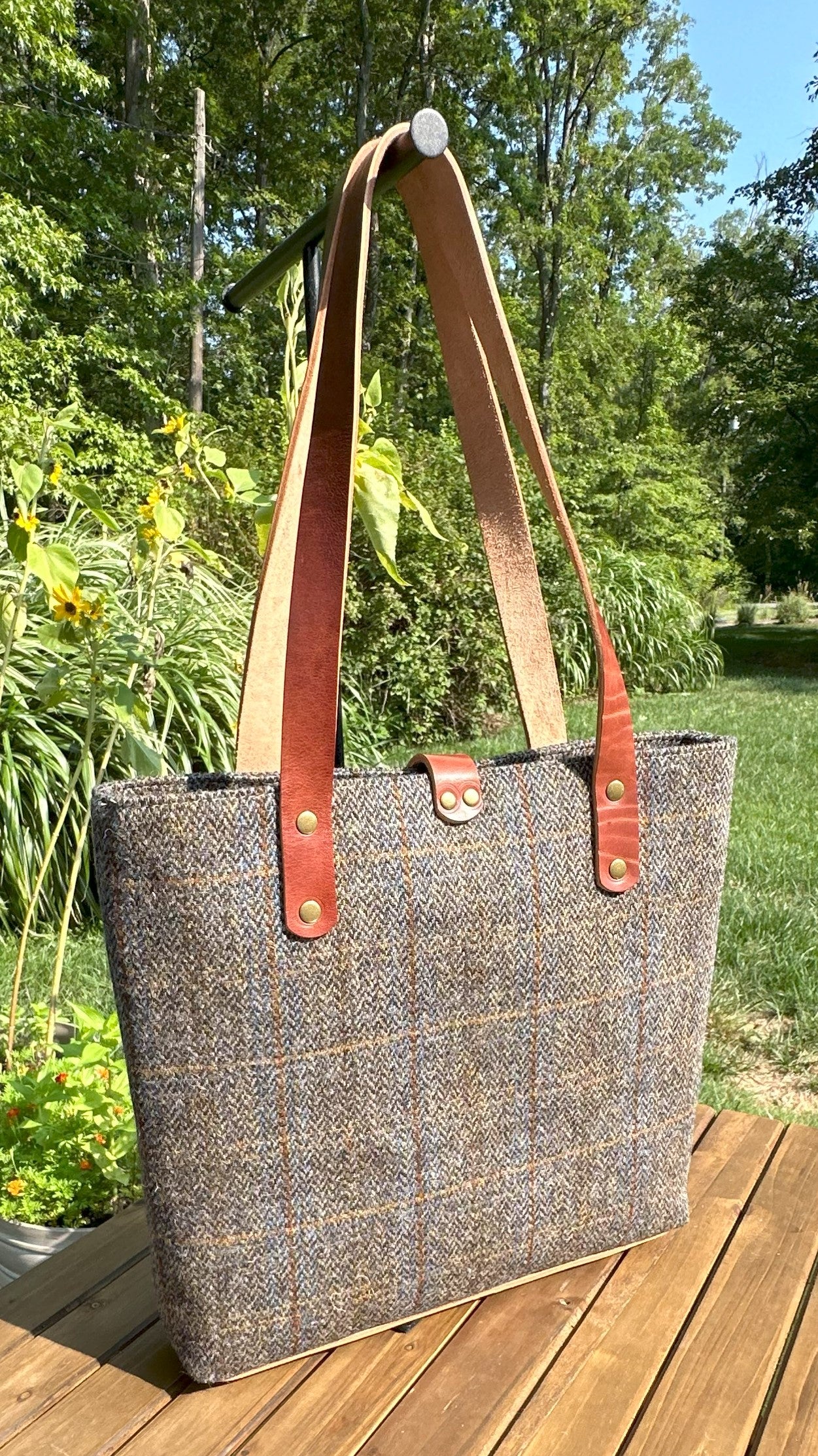 Harris Tweed® Tote Green and Blue Herringbone with Rust Overcheck Plaid Harris Tweed® with  Dublin Olde English Leather and Antique Brass Hardware SquiresCanvasCreations.com