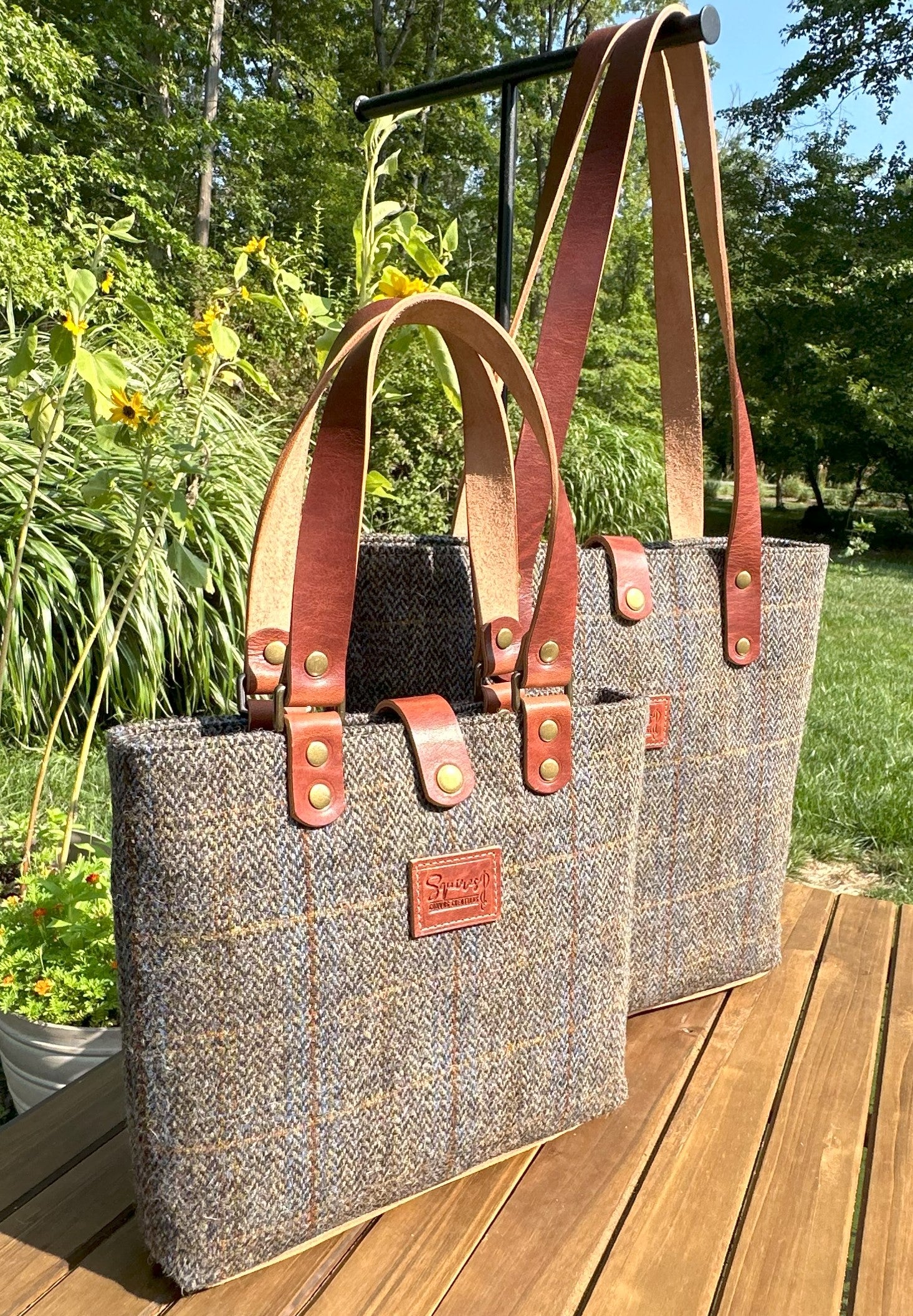 Harris Tweed® Tote Green and Blue Herringbone with Rust Overcheck Plaid Harris Tweed® with  Dublin Olde English Leather and Antique Brass Hardware SquiresCanvasCreations.com