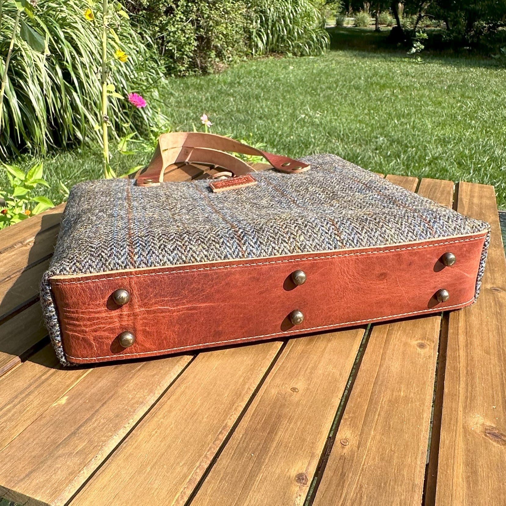 Harris Tweed® Tote Green and Blue Herringbone with Rust Overcheck Plaid Harris Tweed® with  Dublin Olde English Leather and Antique Brass Hardware SquiresCanvasCreations.com