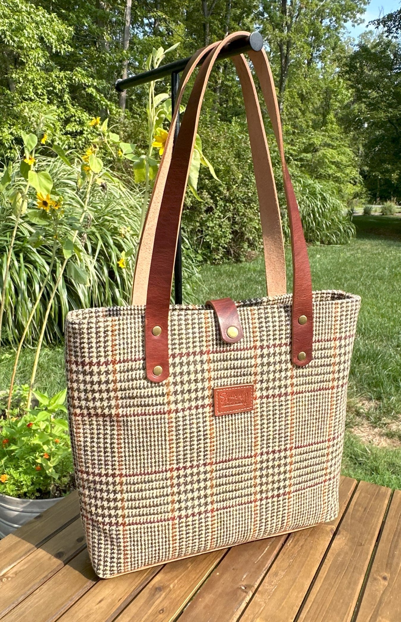 Harris Tweed® Tote Brown and Beige Glen Check Plaid Harris Tweed® with Dublin Olde English Leather and Antique Brass Hardware SquiresCanvasCreations.com