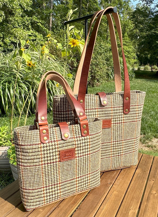 Harris Tweed® Tote Brown and Beige Glen Check Plaid Harris Tweed® with Dublin Olde English Leather and Antique Brass Hardware SquiresCanvasCreations.com
