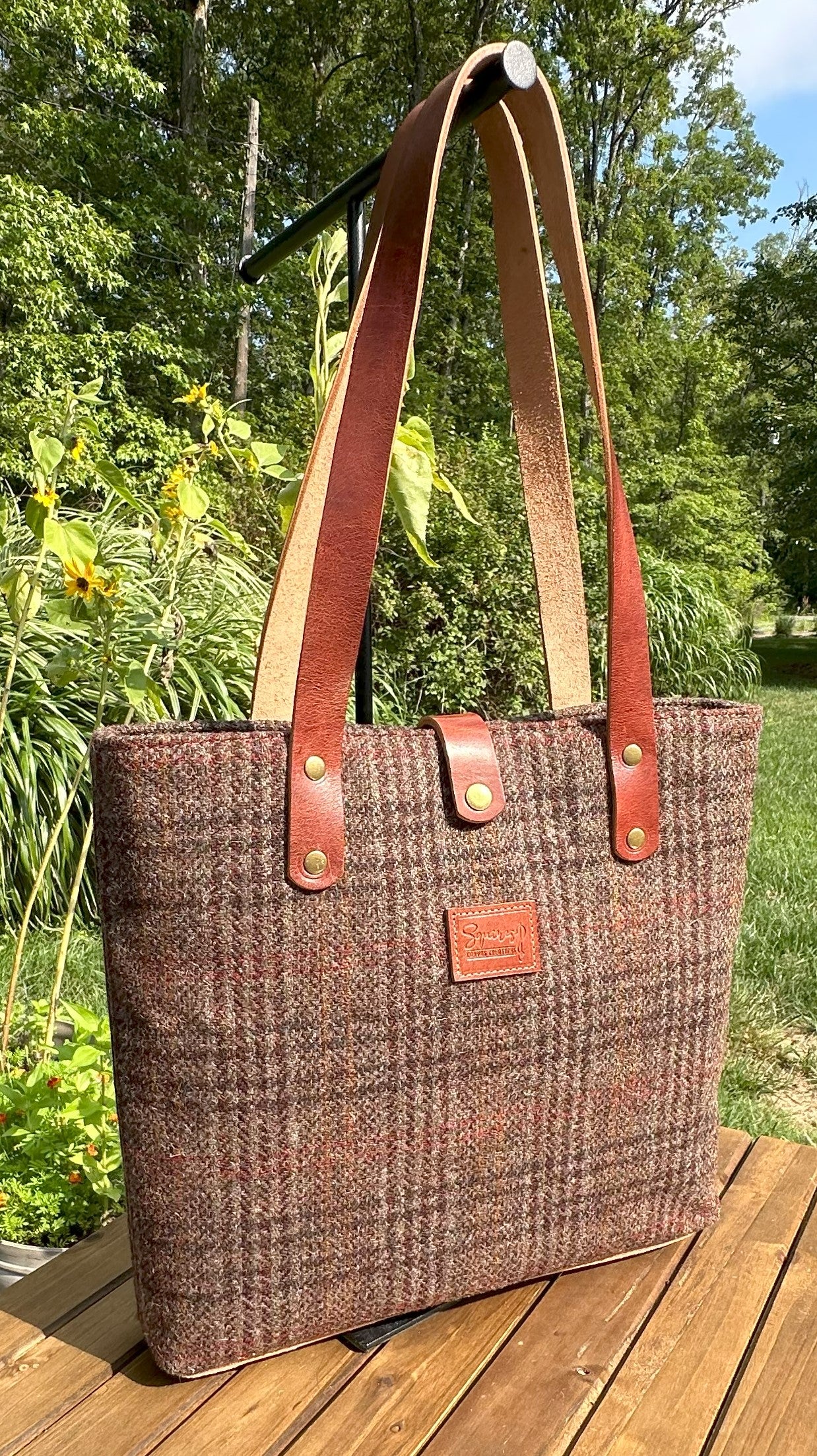 Harris Tweed® Tote Warm Brown Plaid Harris Tweed® and Dublin Olde English Leather and Antique Brass Hardware SquiresCanvasCreations.com