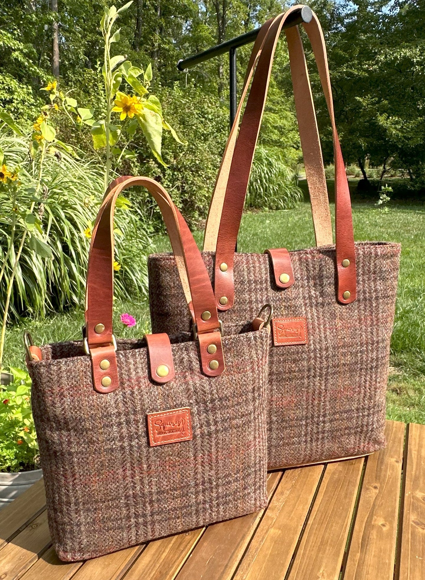 Harris Tweed® Tote Warm Brown Plaid Harris Tweed® and Dublin Olde English Leather and Antique Brass Hardware SquiresCanvasCreations.com
