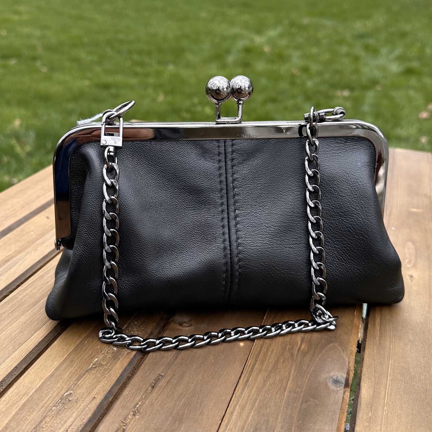 Black Lambskin Leather with Gray & Purple Flowers Lining Kiss Lock Closure Gunmetal Hardware Crossbody Smith Island Purse squirescanvascreations.com