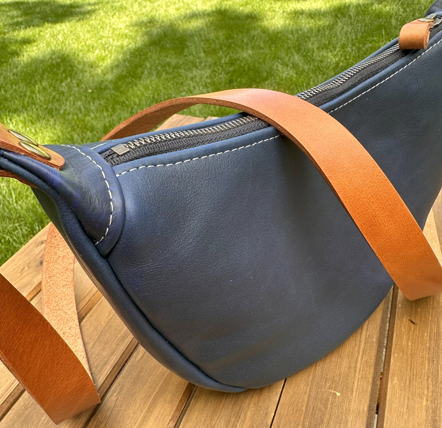 Windward Sling Ink Blue Washed Horween Leather with Cognac Splenda Leather Strap and Antique Brass Hardware squirescanvascreations.com