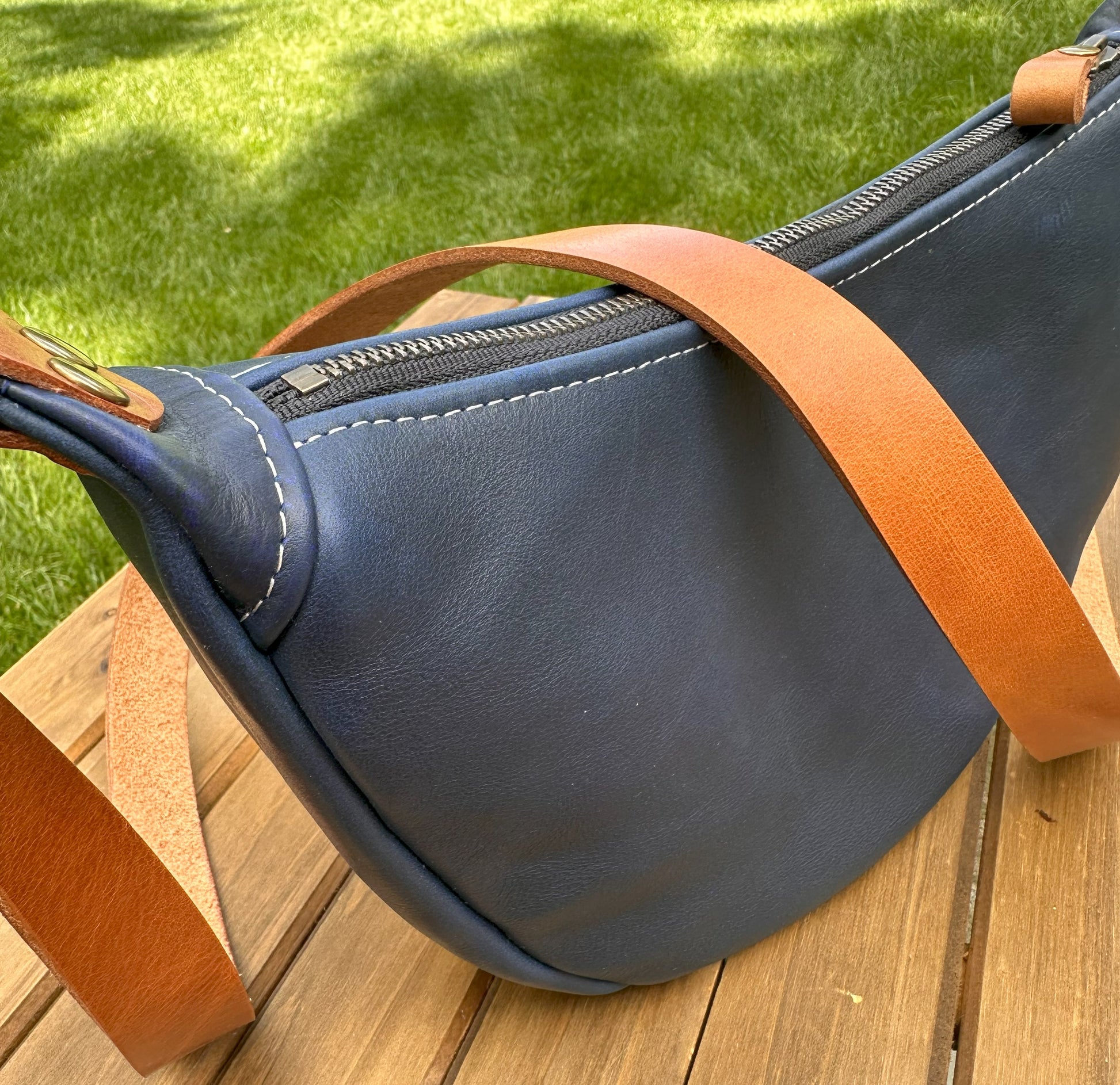 Windward Sling Ink Blue Washed Horween Leather with Cognac Splenda Leather Strap and Antique Brass Hardware squirescanvascreations.com