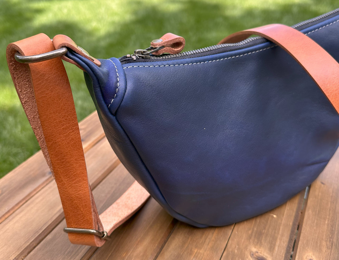 Windward Sling Ink Blue Washed Horween Leather with Cognac Splenda Leather Strap and Antique Brass Hardware squirescanvascreations.com