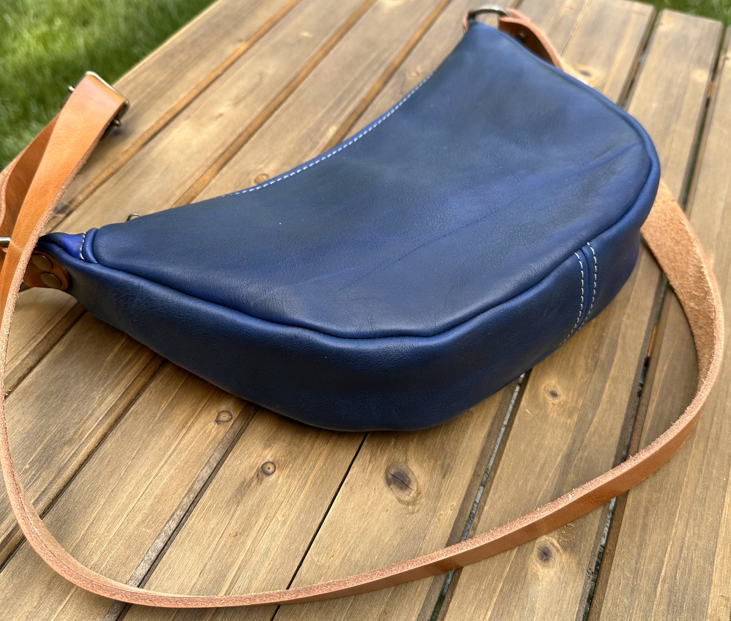 Windward Sling Ink Blue Washed Horween Leather with Cognac Splenda Leather Strap and Antique Brass Hardware squirescanvascreations.com