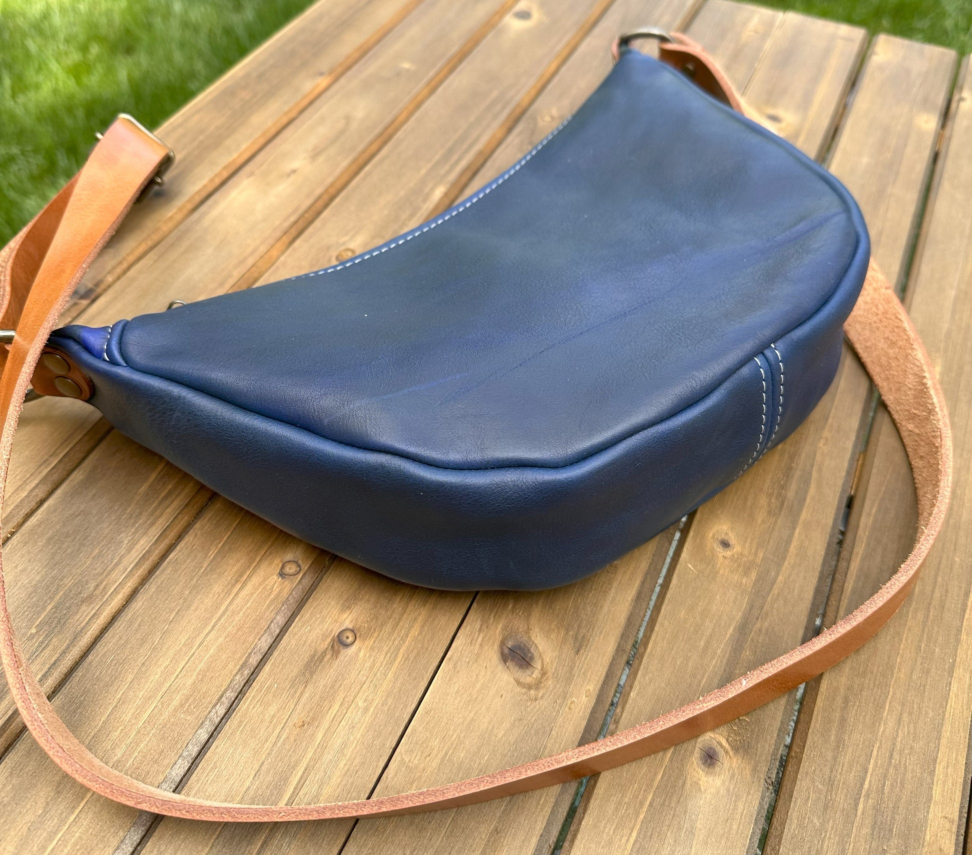 Windward Sling Ink Blue Washed Horween Leather with Cognac Splenda Leather Strap and Antique Brass Hardware squirescanvascreations.com