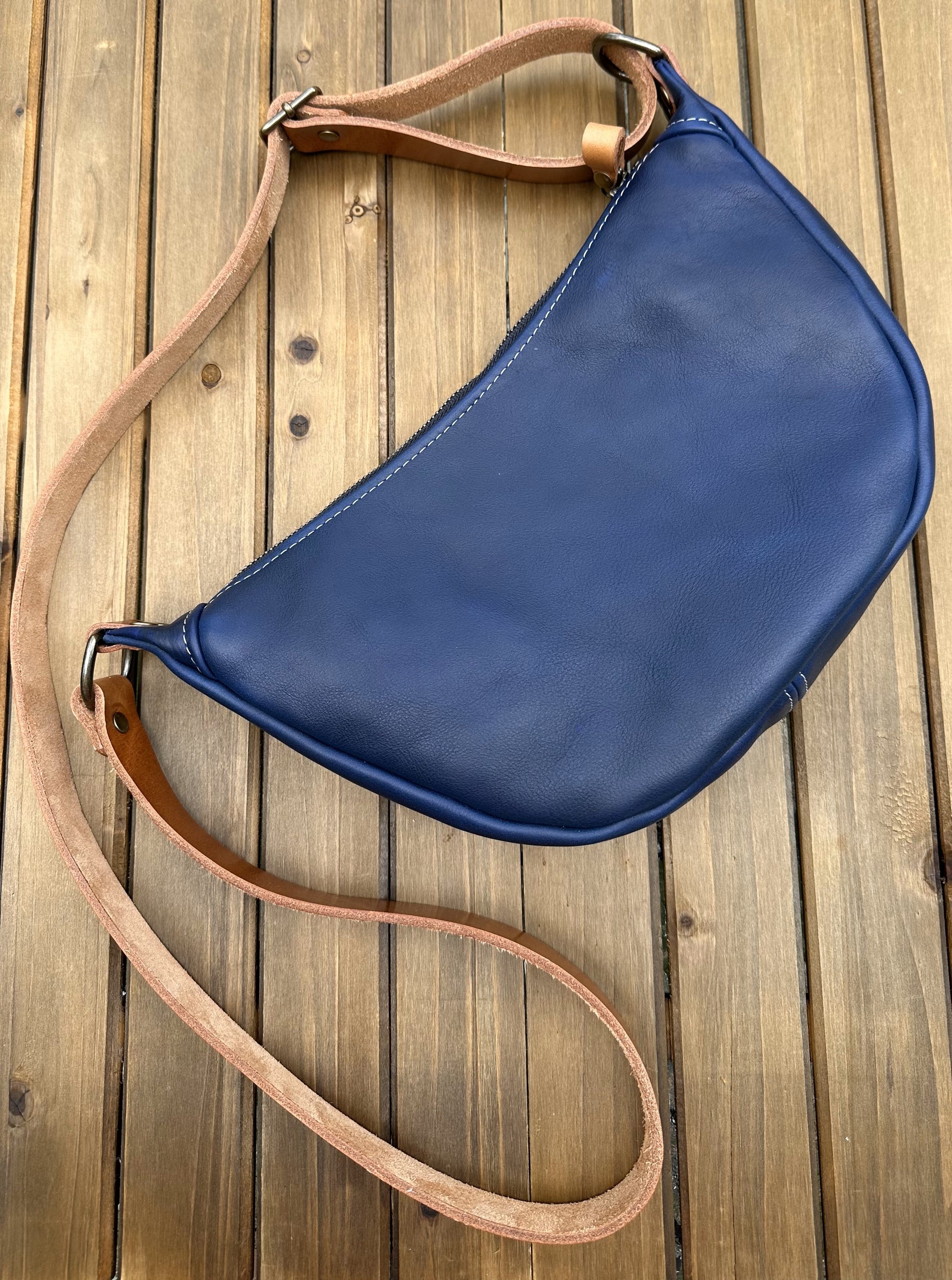 Windward Sling Ink Blue Washed Horween Leather with Cognac Splenda Leather Strap and Antique Brass Hardware squirescanvascreations.com