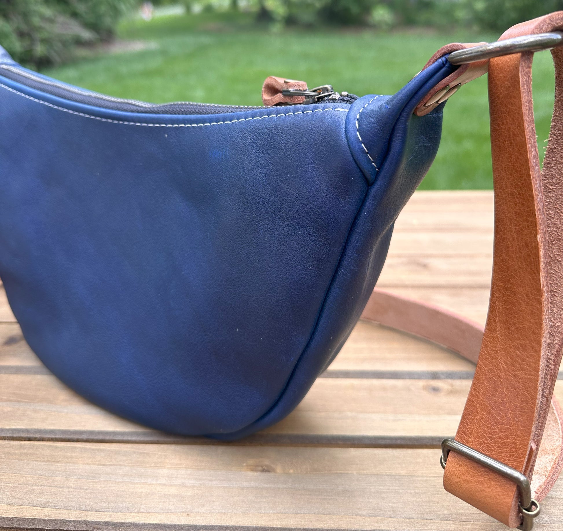 Windward Sling Ink Blue Washed Horween Leather with Cognac Splenda Leather Strap and Antique Brass Hardware squirescanvascreations.com