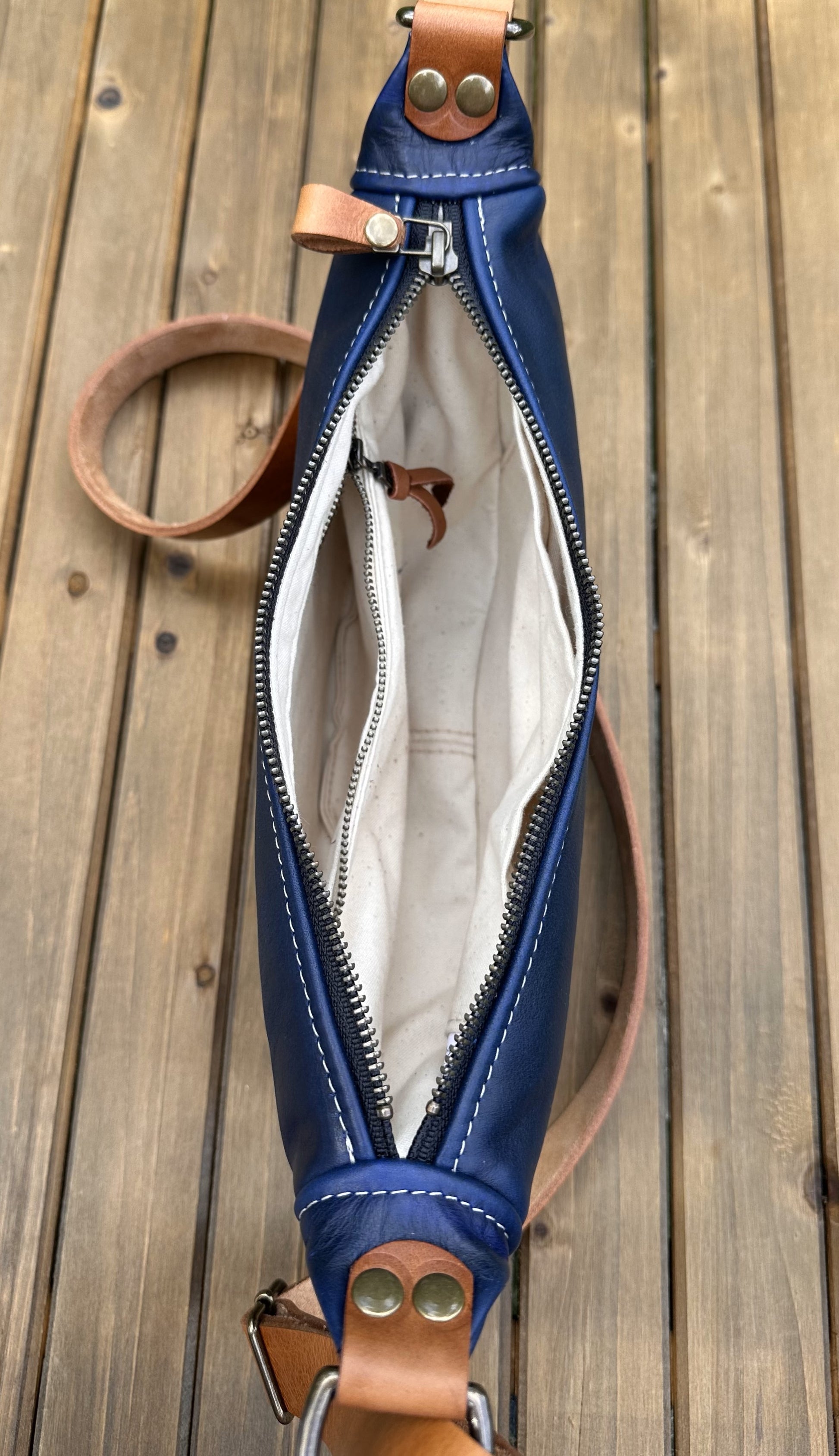 Windward Sling Ink Blue Washed Horween Leather with Cognac Splenda Leather Strap and Antique Brass Hardware squirescanvascreations.com