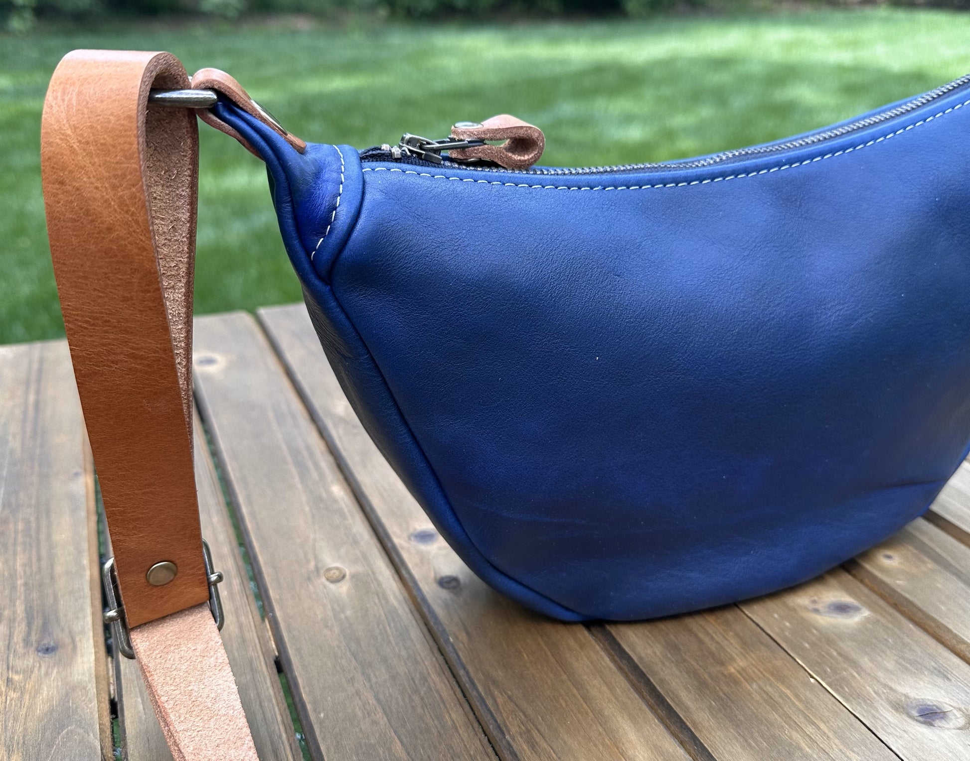Windward Sling Ink Blue Washed Horween Leather with Cognac Splenda Leather Strap and Antique Brass Hardware squirescanvascreations.com