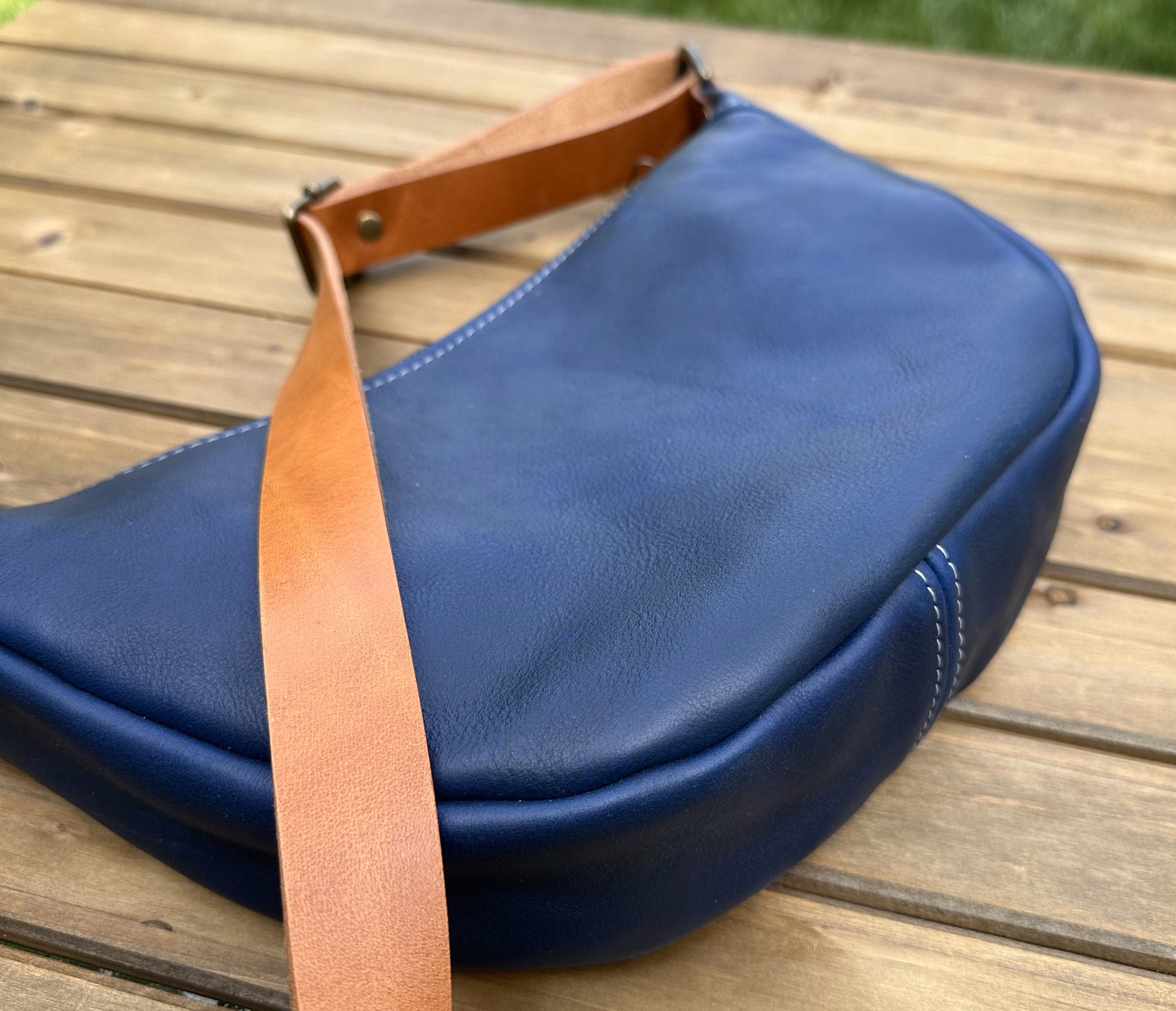 Windward Sling Ink Blue Washed Horween Leather with Cognac Splenda Leather Strap and Antique Brass Hardware squirescanvascreations.com