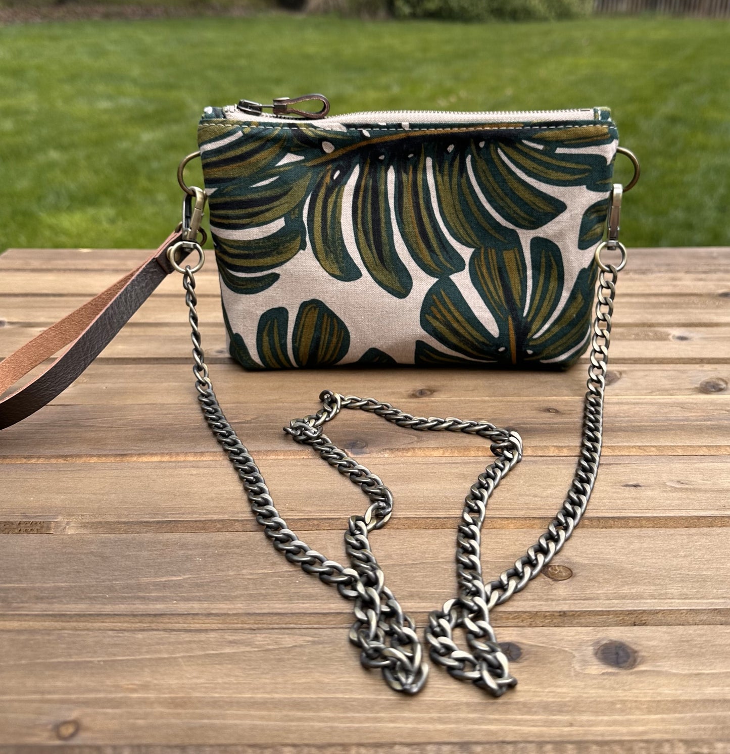 Monstera Rifle Paper Co Canvas with Antique Brass Chain Strap and Hardware Downtown Convertible Bag squirescanvascreations.com