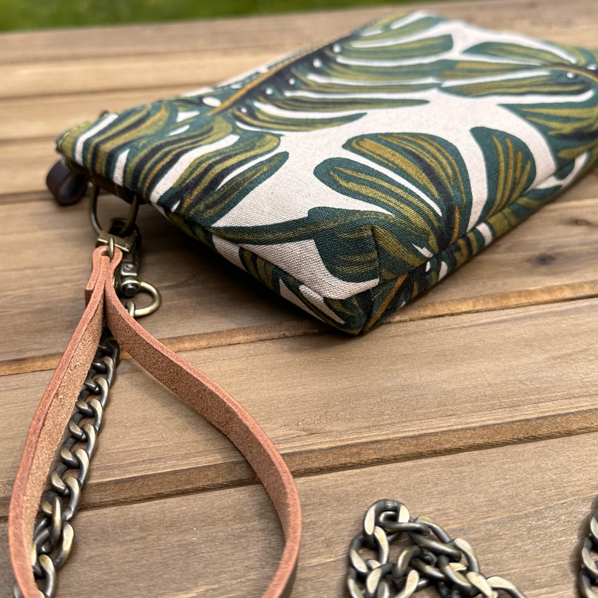 Monstera Rifle Paper Co Canvas with Antique Brass Chain Strap and Hardware Downtown Convertible Bag squirescanvascreations.com