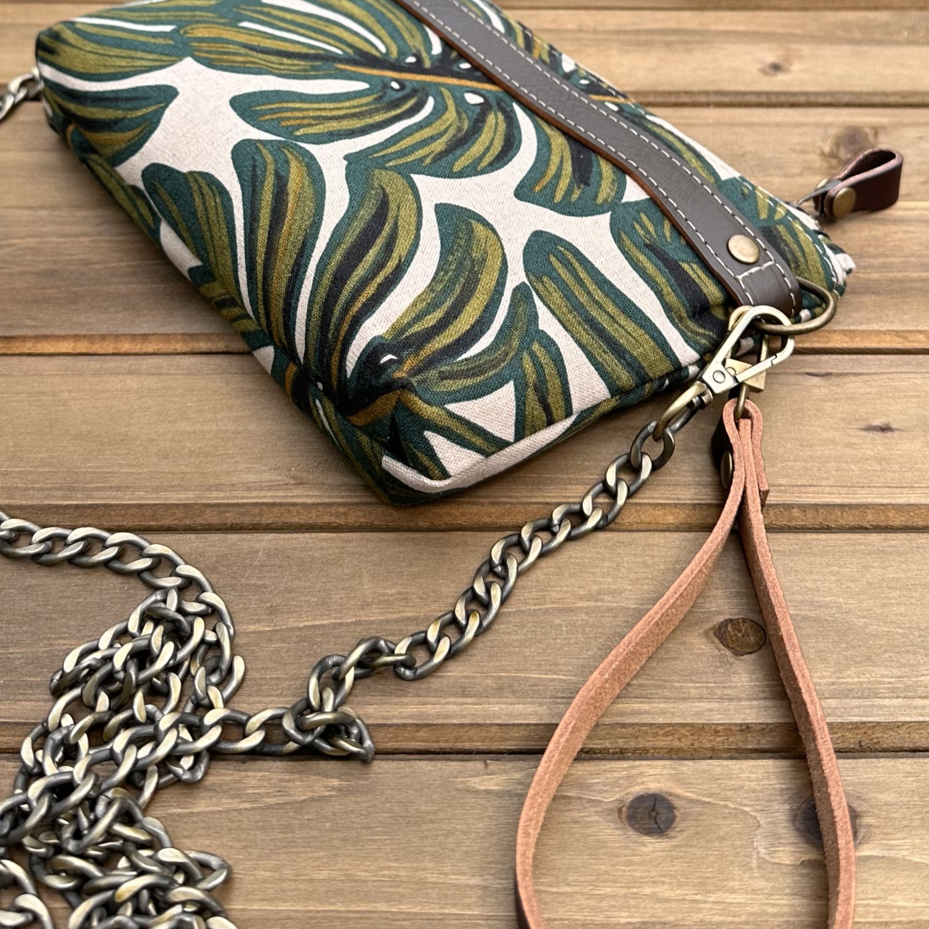 Monstera Rifle Paper Co Canvas with Antique Brass Chain Strap and Hardware Downtown Convertible Bag squirescanvascreations.com