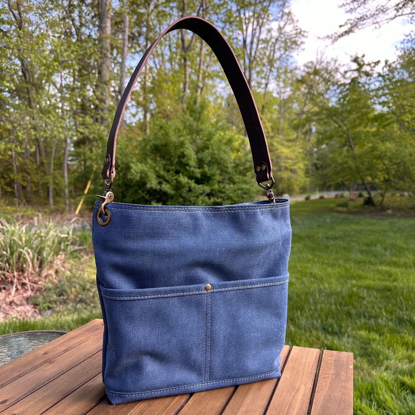 Denim Blue Stone Washed Canvas with Solid Brass Hardware Mini Harborside Hobo Bag squirescanvascreations.com