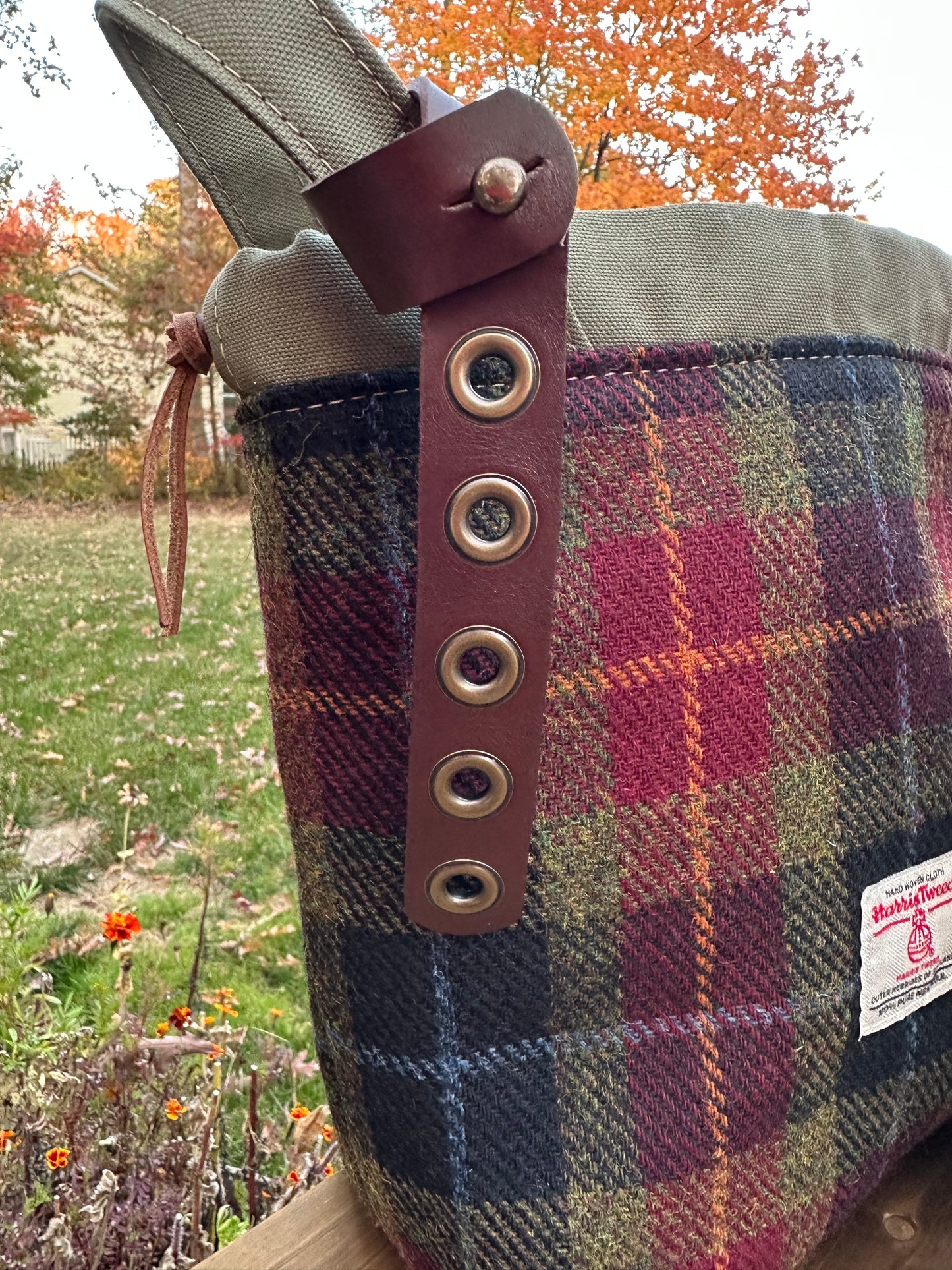 Leather Tender Antique Brass Hardware with Harris Tweed® Highland Maker Bag SquiresCanvasCreations.com