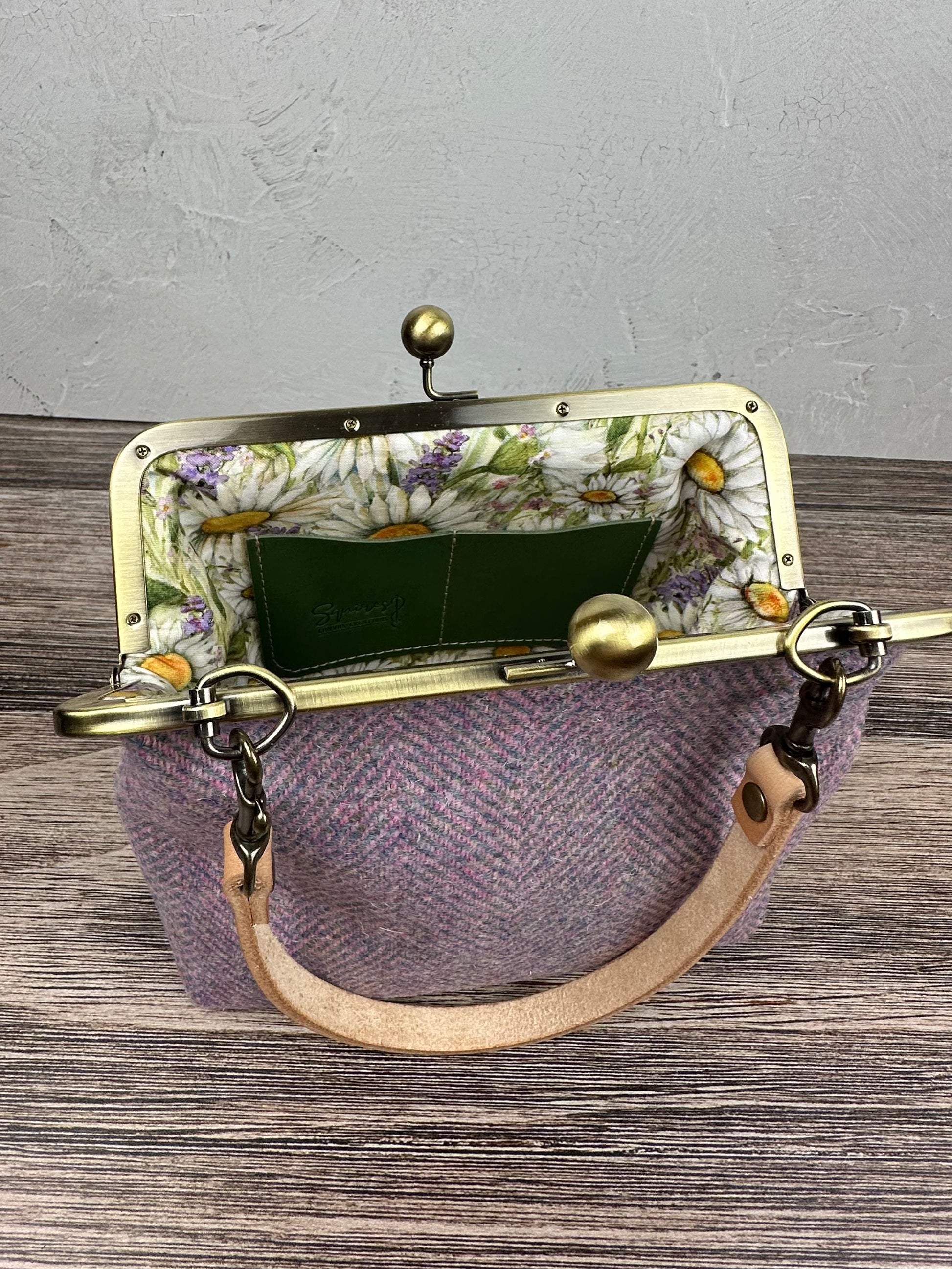 Pink & Blue Herringbone Harris Tweed® and Bronze Princess Anne Kiss Lock SquiresCanvasCreations.com