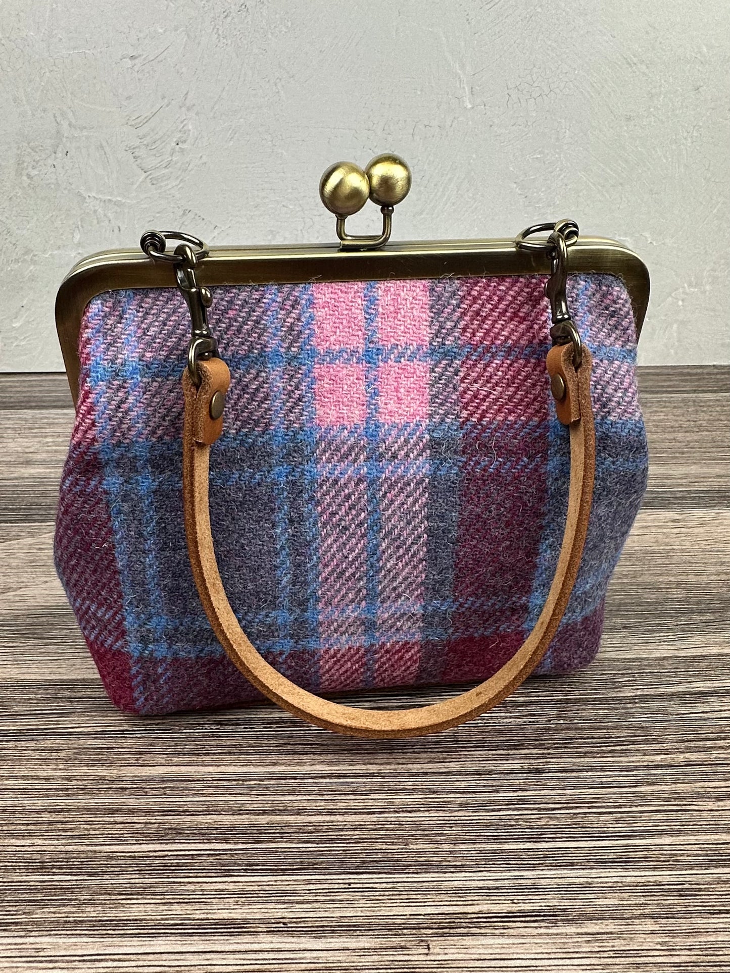 Pink & Blue Plaid Harris Tweed® and Bronze Princess Anne Kiss Lock SquiresCanvasCreations.com