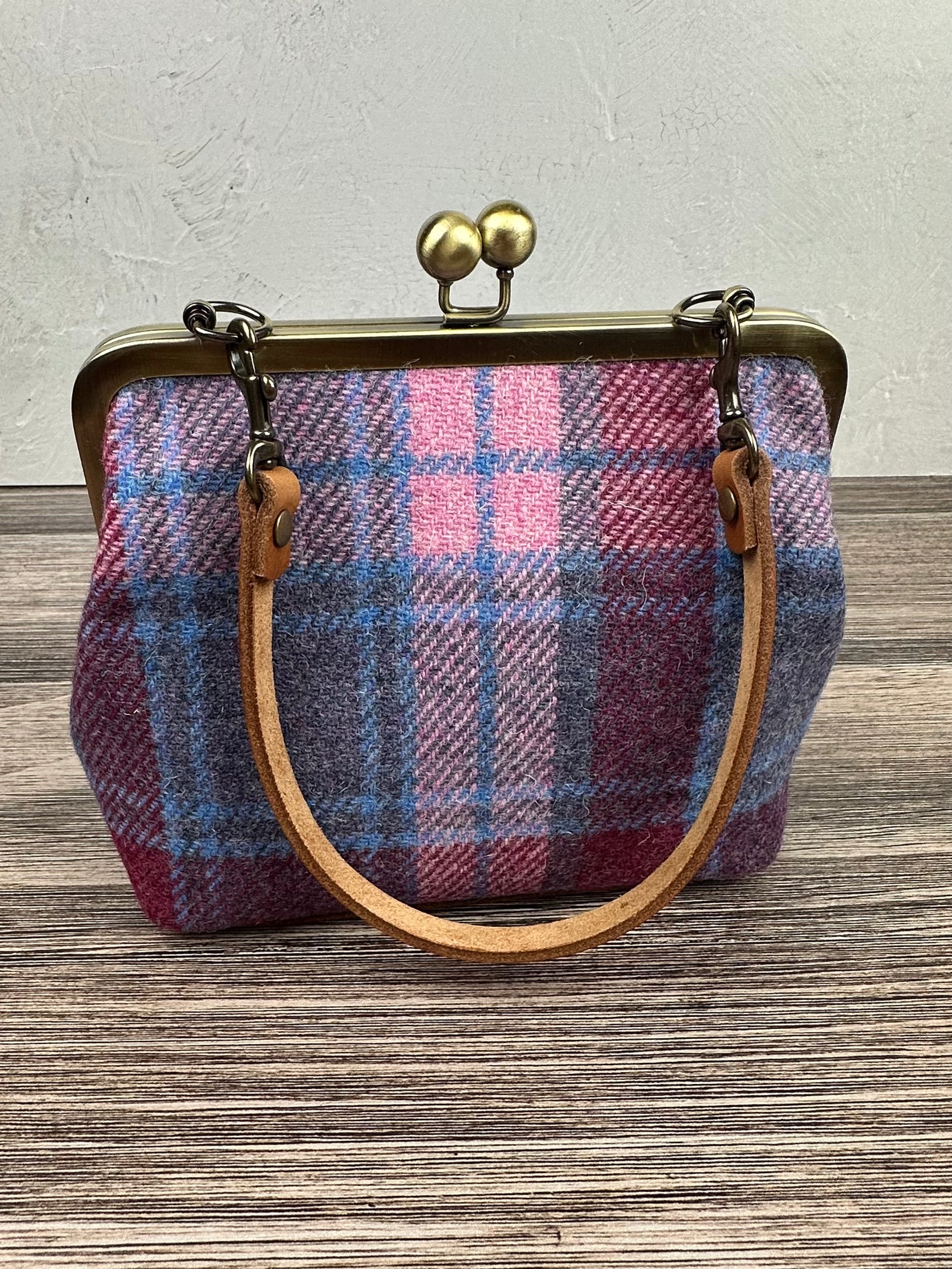 Pink & Blue Plaid Harris Tweed® and Bronze Princess Anne Kiss Lock SquiresCanvasCreations.com