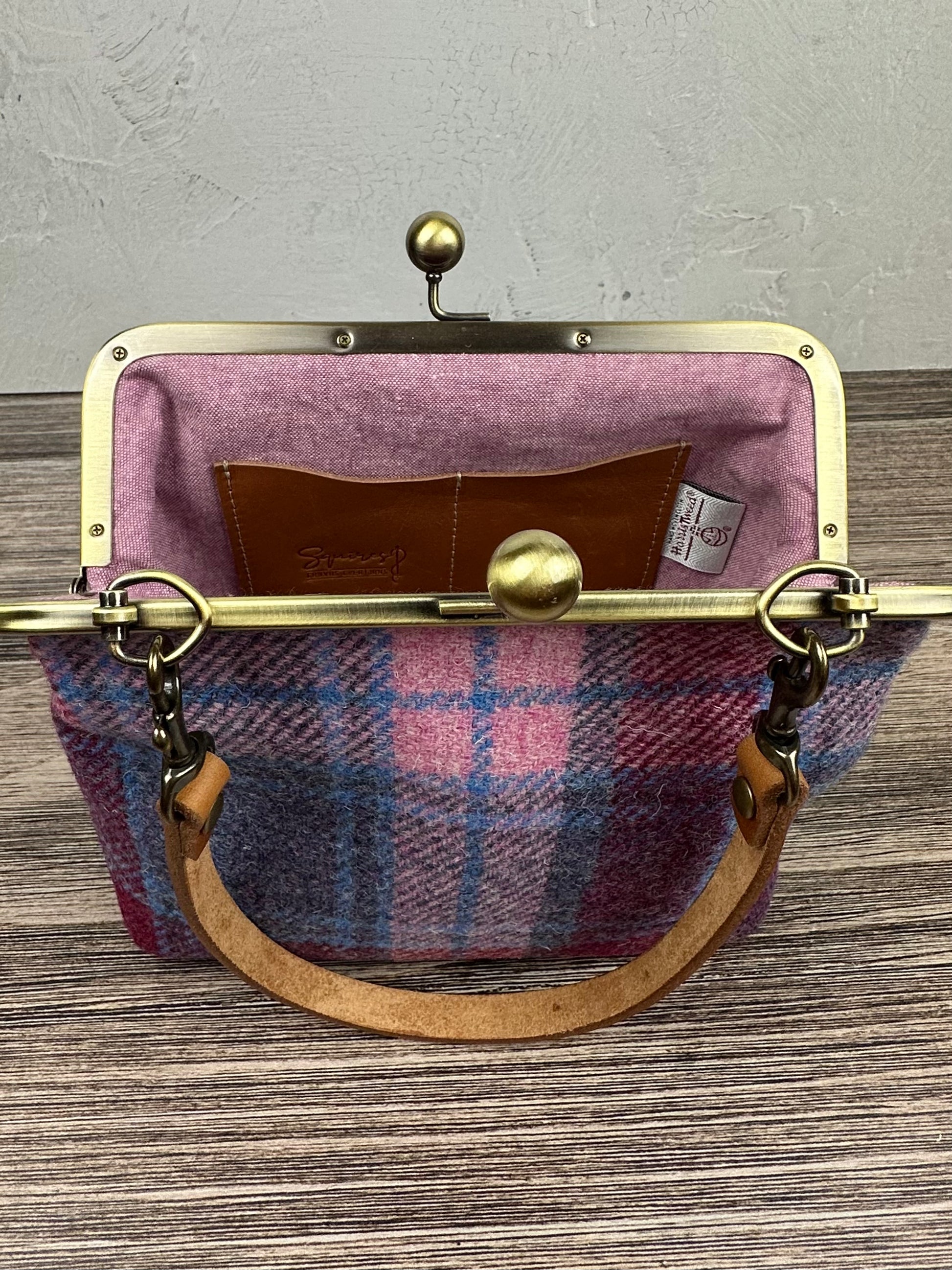 Pink & Blue Plaid Harris Tweed® and Bronze Princess Anne Kiss Lock SquiresCanvasCreations.com
