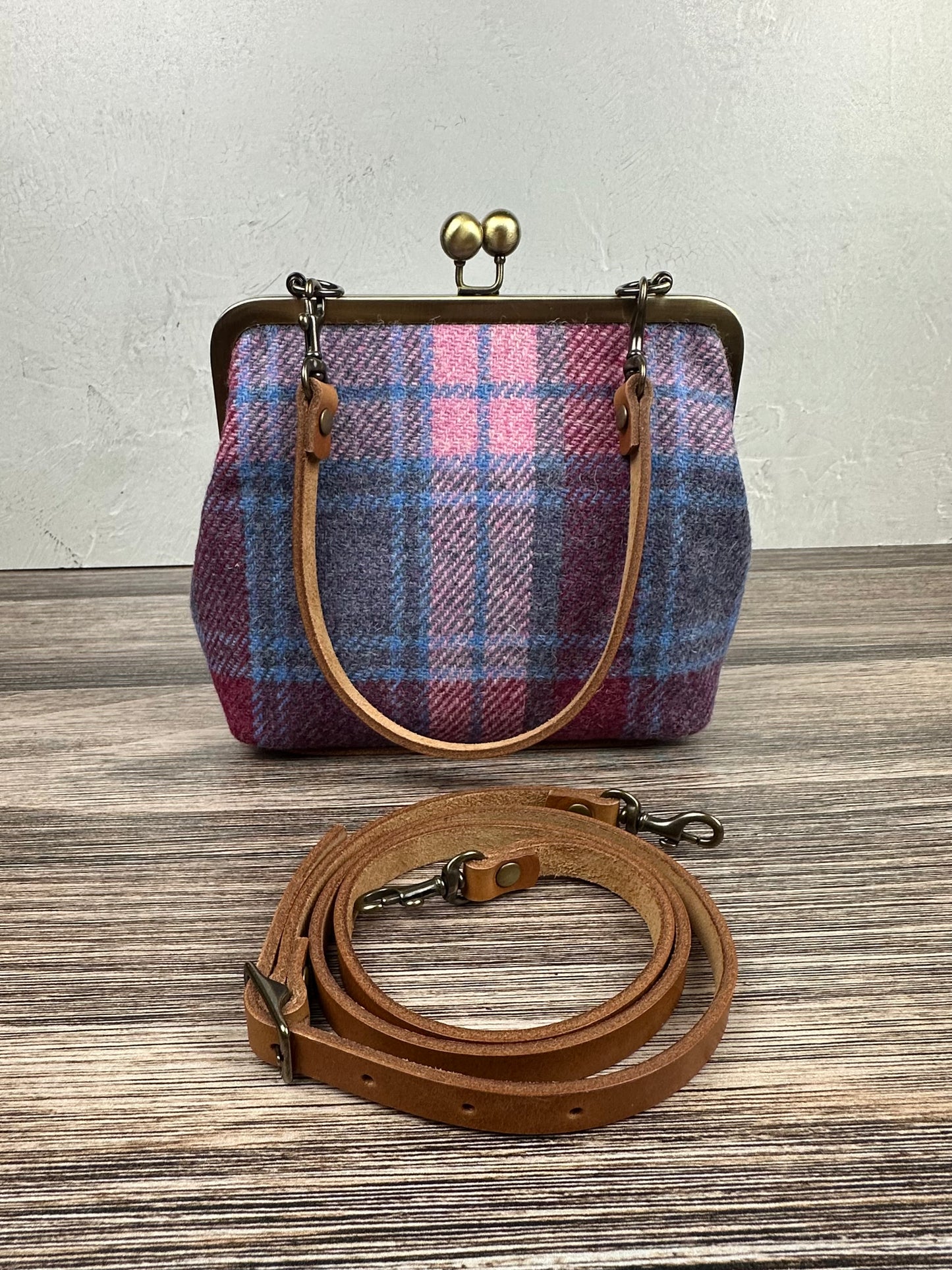 Pink & Blue Plaid Harris Tweed® and Bronze Princess Anne Kiss Lock SquiresCanvasCreations.com