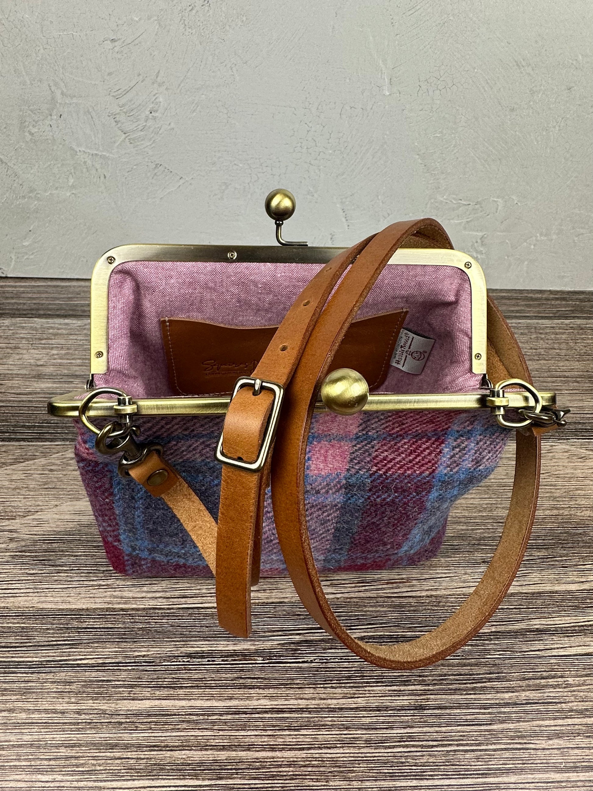 Pink & Blue Plaid Harris Tweed® and Bronze Princess Anne Kiss Lock SquiresCanvasCreations.com
