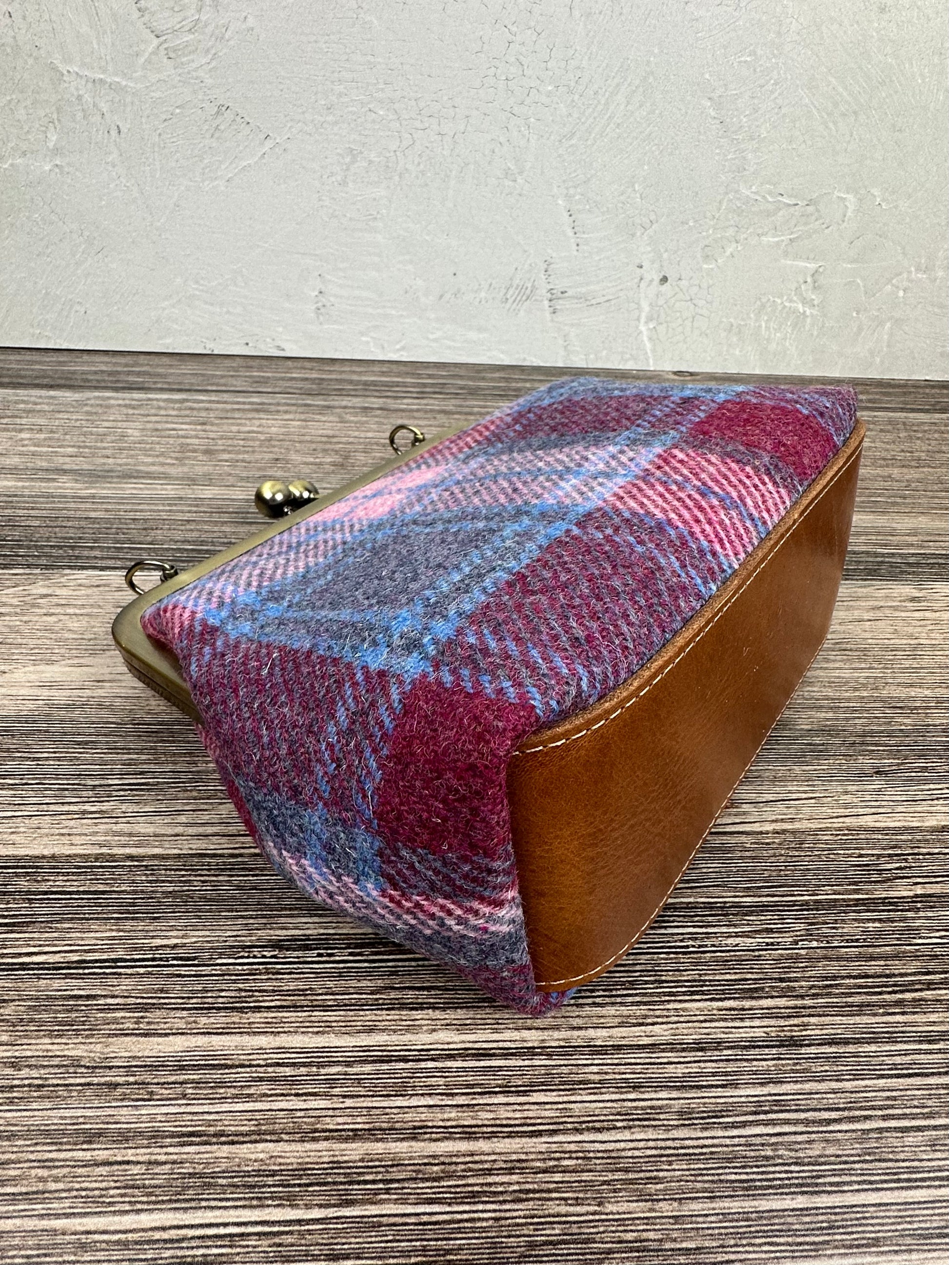 Pink & Blue Plaid Harris Tweed® and Bronze Princess Anne Kiss Lock SquiresCanvasCreations.com