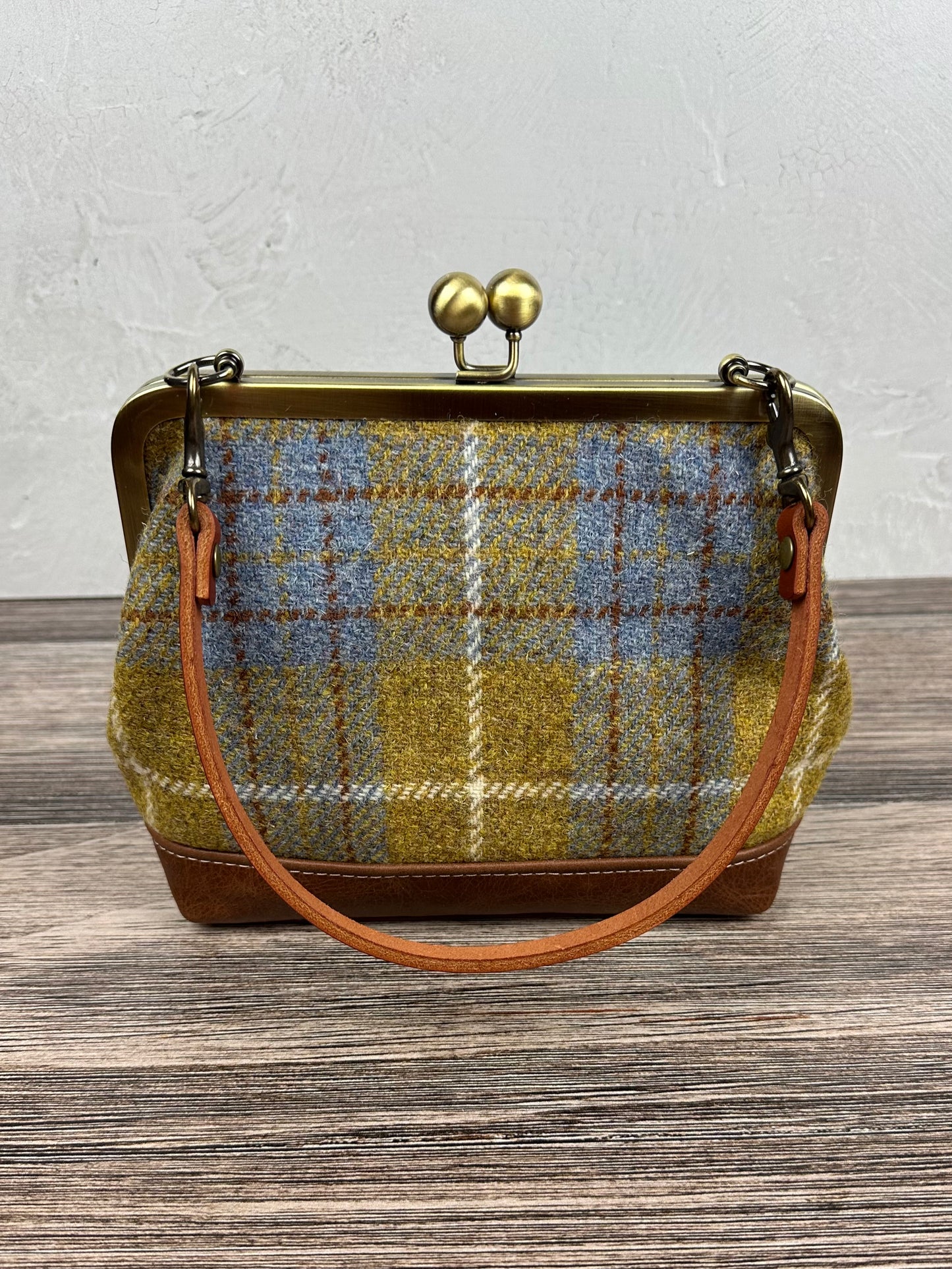 Yellow and Blue Plaid Harris Tweed® with Brandy Leather and Bronze Princess Anne Kiss Lock SquiresCanvasCreations.com